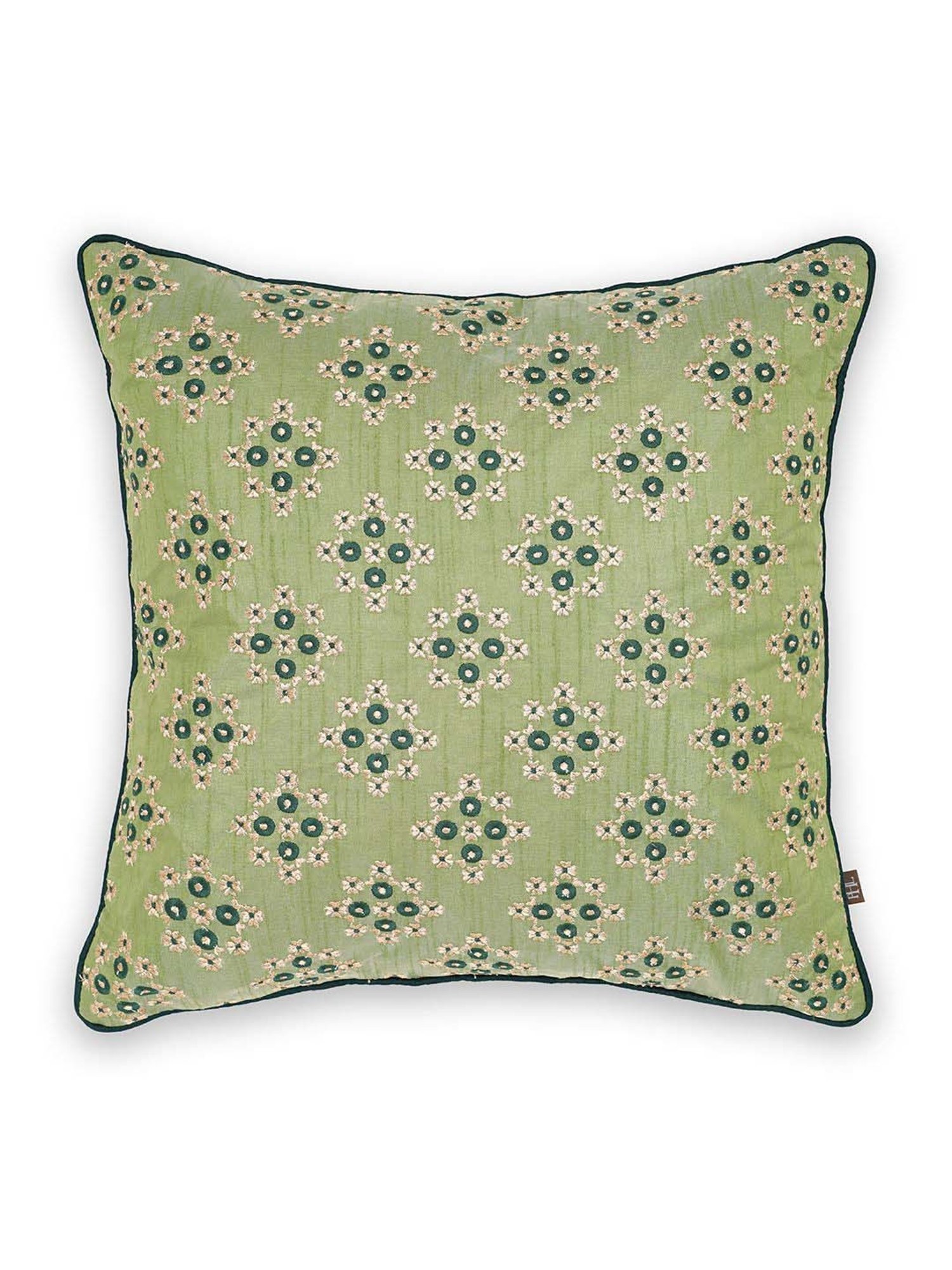 Pure Home and Living Green Cotton Embroidered Cushion Cover With Piping