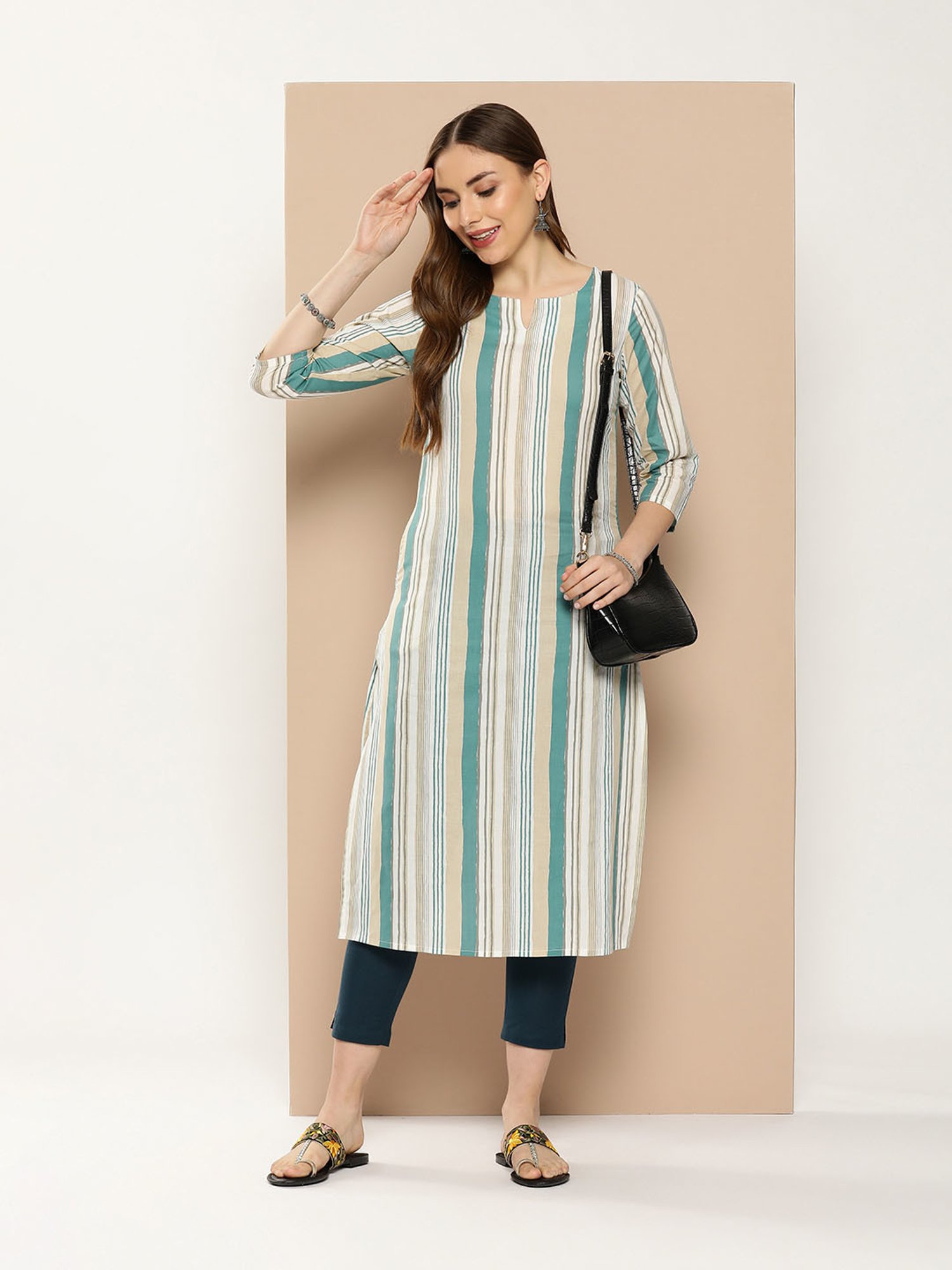 Amukti Beige Cotton Striped A Line kurta