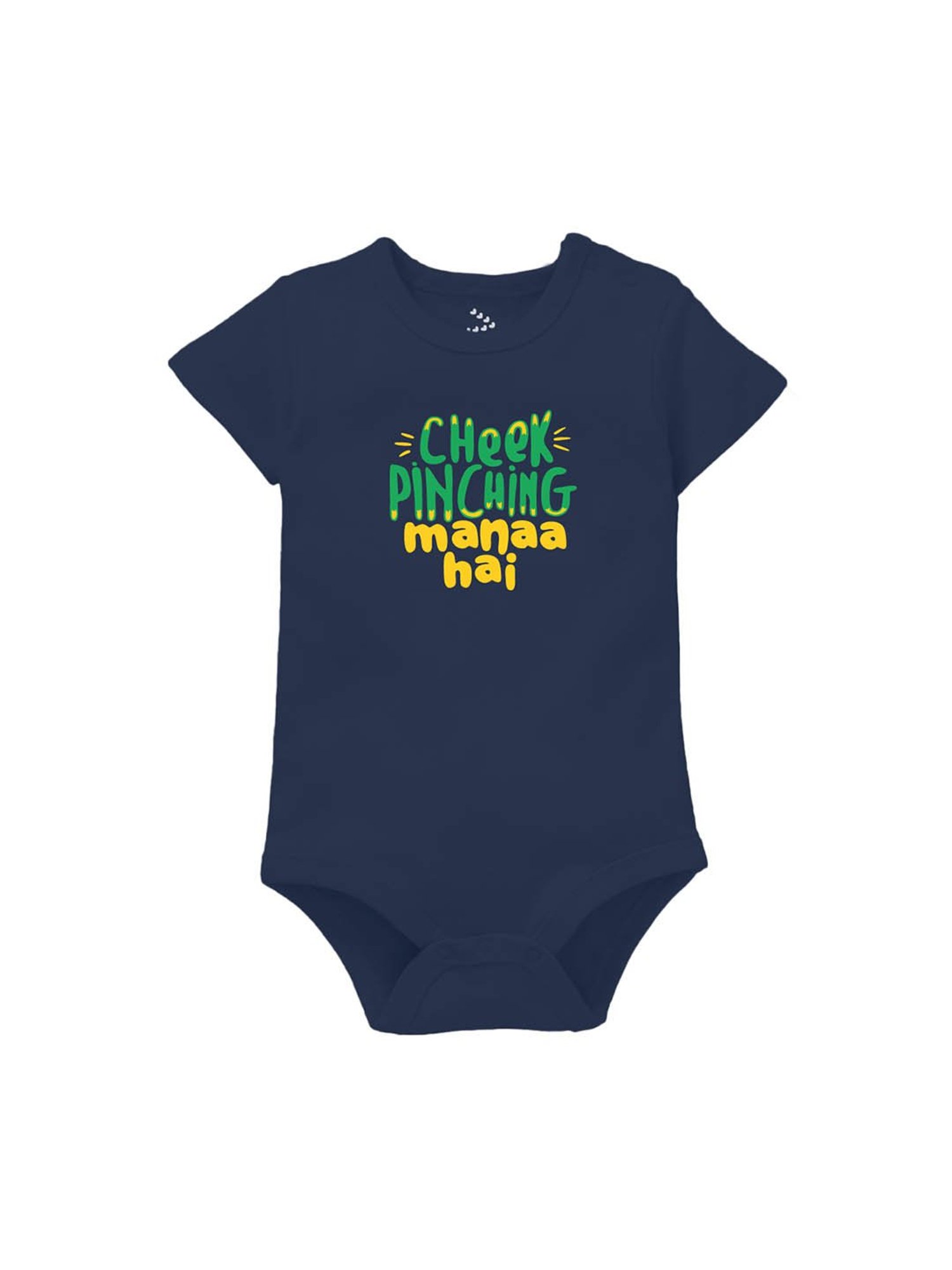 Zeezeezoo Kids Navy Blue Cheek pinching manaa hai Printed Onesie