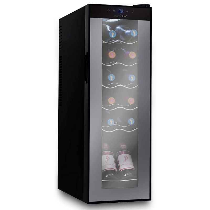 NutriChef Digital Electric 12 Bottle Adjustable Temperature Thermoelectric Freestanding Wine Chiller Cooler Cabinet Fridge, Black