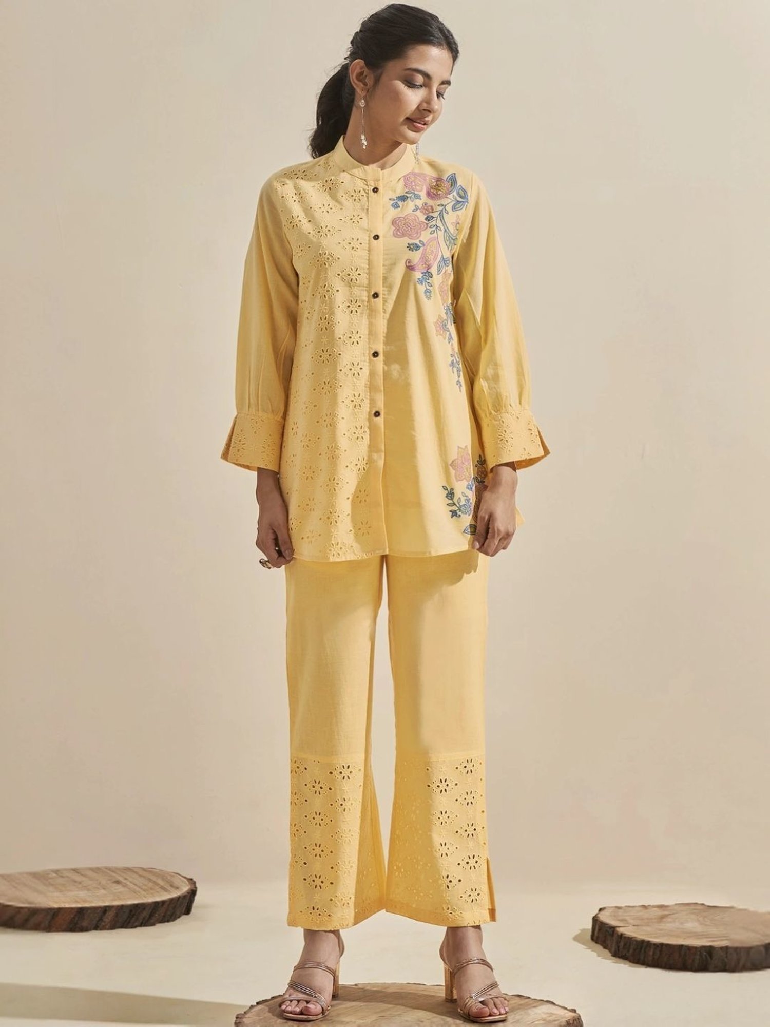 Autumnlane Yellow Cleo Lime Schiffli Cotton Shirt with Pant Co-ord Set