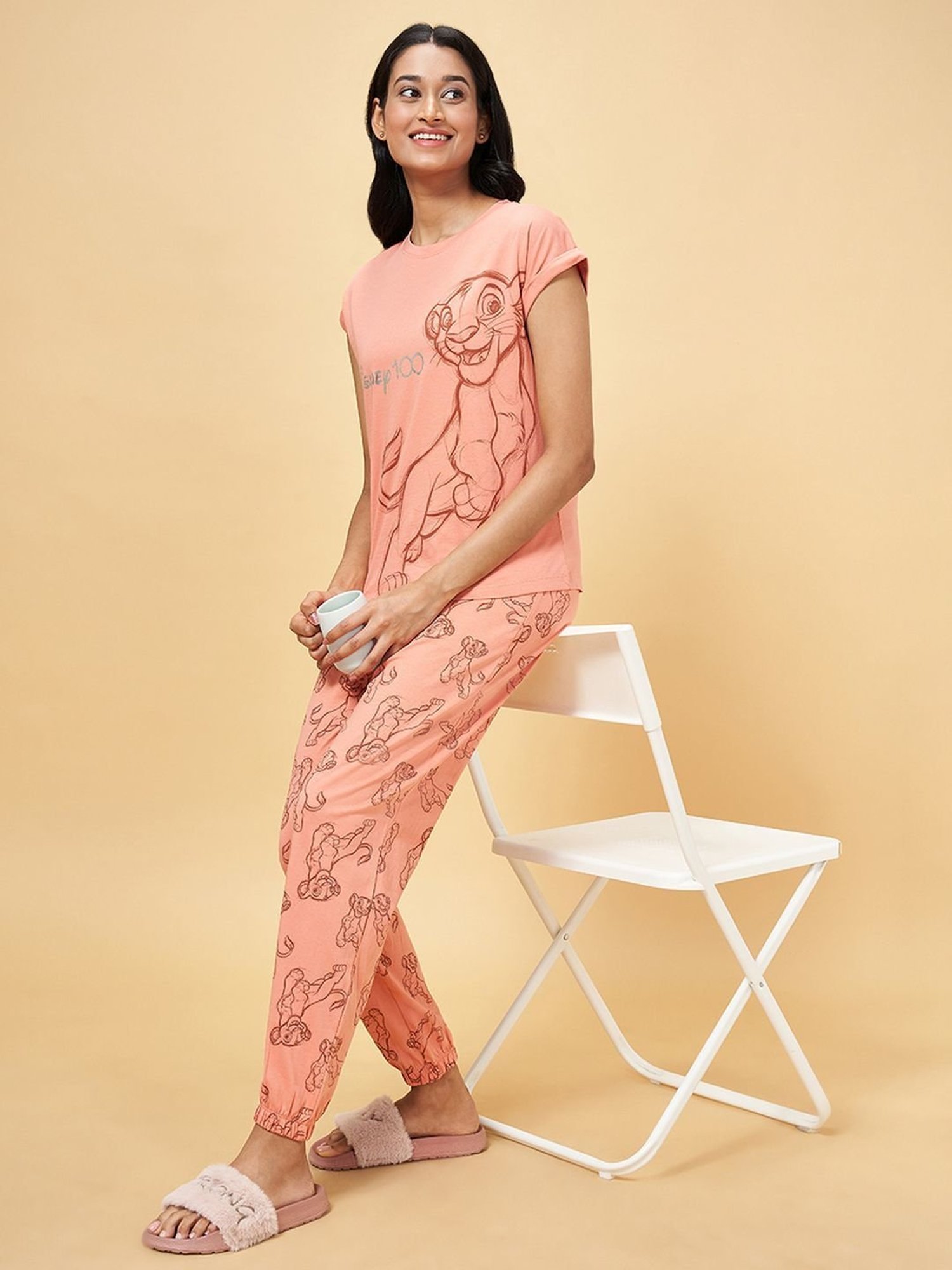 Dreamz by Pantaloons Peach Cotton Graphic Print T-Shirt Pyjama Set