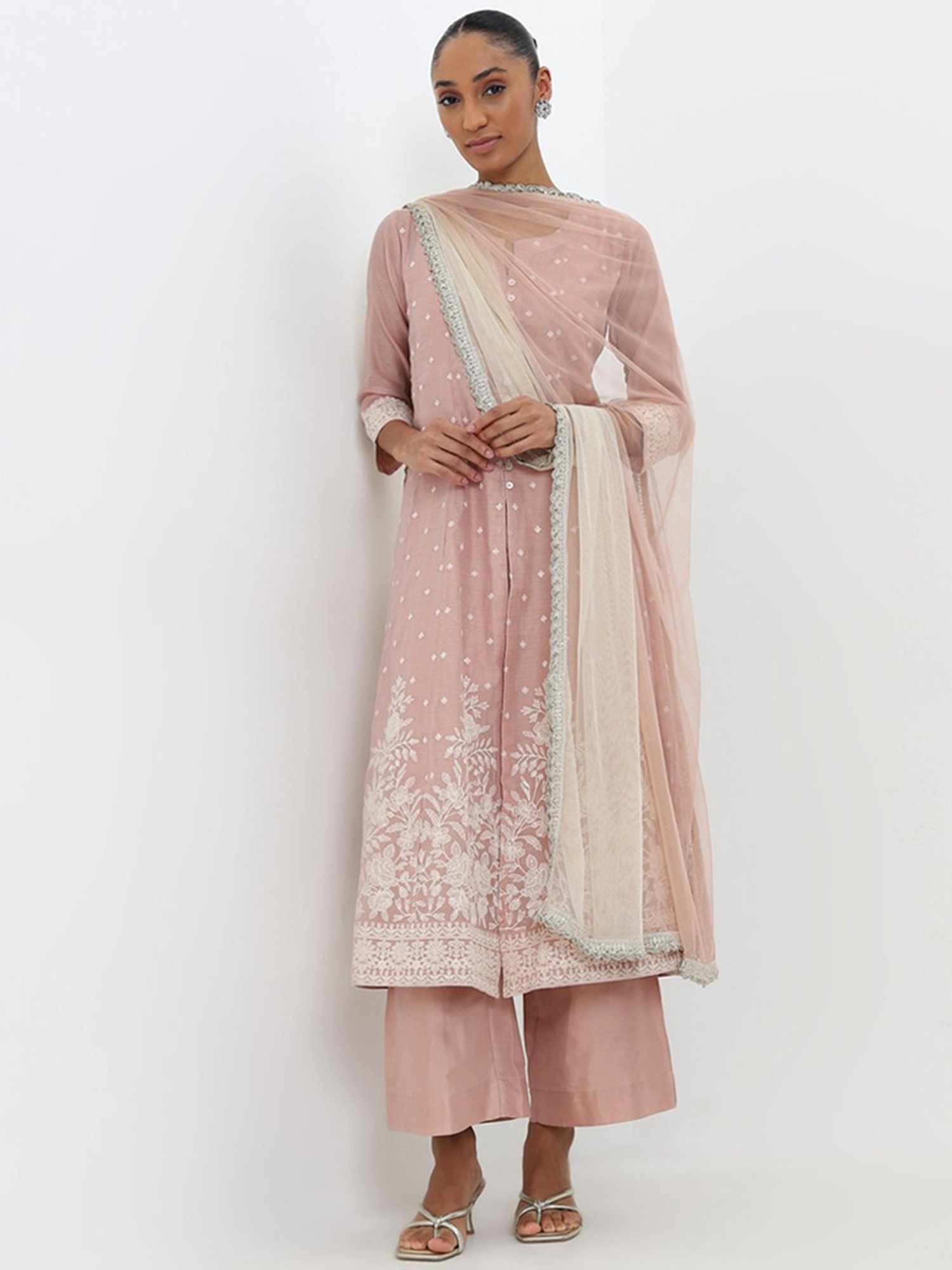 Vark by Westside Blush Pink Embroidered Kurta, Pants and Dupatta Set