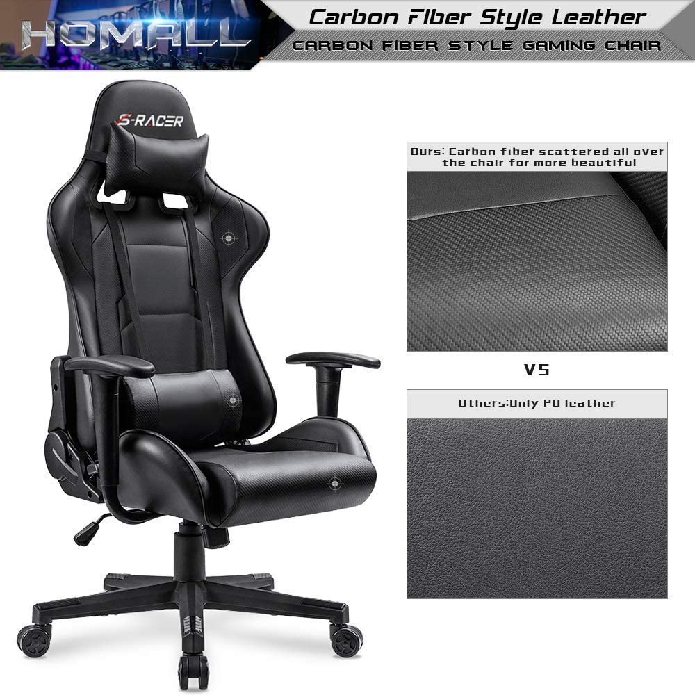 Homall Gaming Chair Office Chair High Back Computer Chair PU Leather Desk Chair Racing Executive Ergonomic Swivel Task Chair, Seat Height Adjustable, with Headrest and Lumbar Support (Blue)
