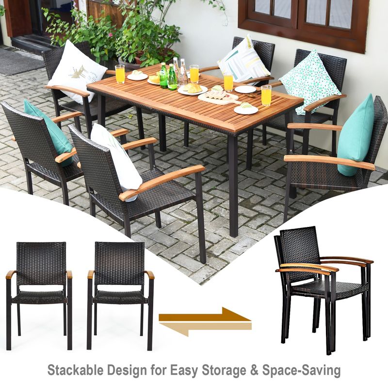 Costway 7 PCS Patio Rattan Dining Set Acacia Wood Table Top Stackable Chair