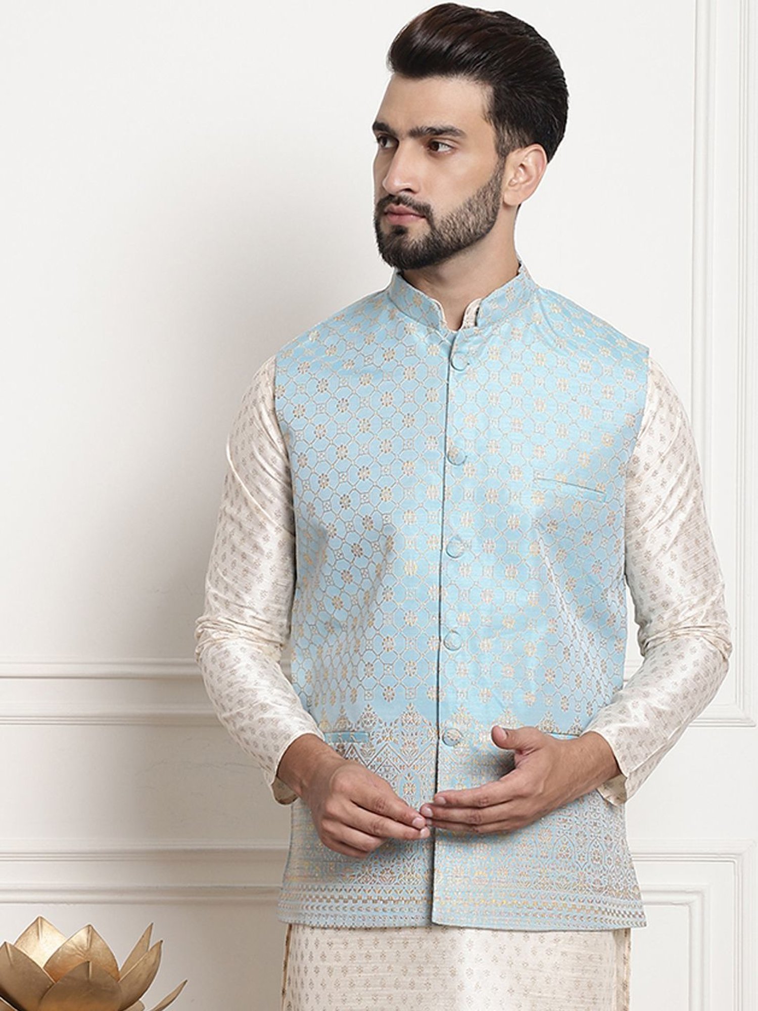 Sojanya Sky Blue Regular Fit Jacqard Nehru Jacket