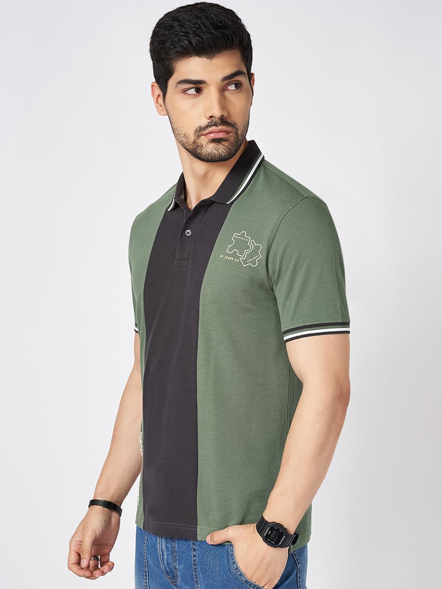 SF Jeans by Pantaloons Duck Green Cotton Slim Fit Solid Polo T-Shirt