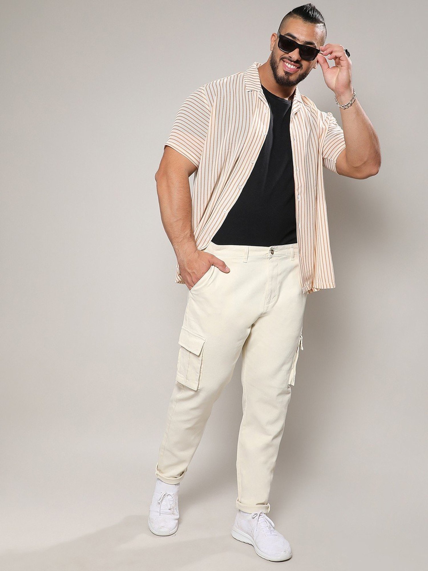 Instafab Plus Pale Yellow Regular Fit Plus Size Cargos