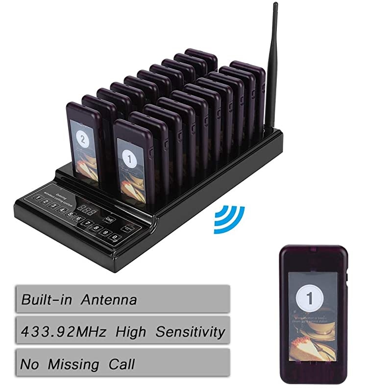 43392MHz Wireless Calling System 999channel High Sensitivity Guest Paging System with 20 Rechargeable Pagers Receivers and 1 Transmitter Suitable for RestaurantUS Plug
