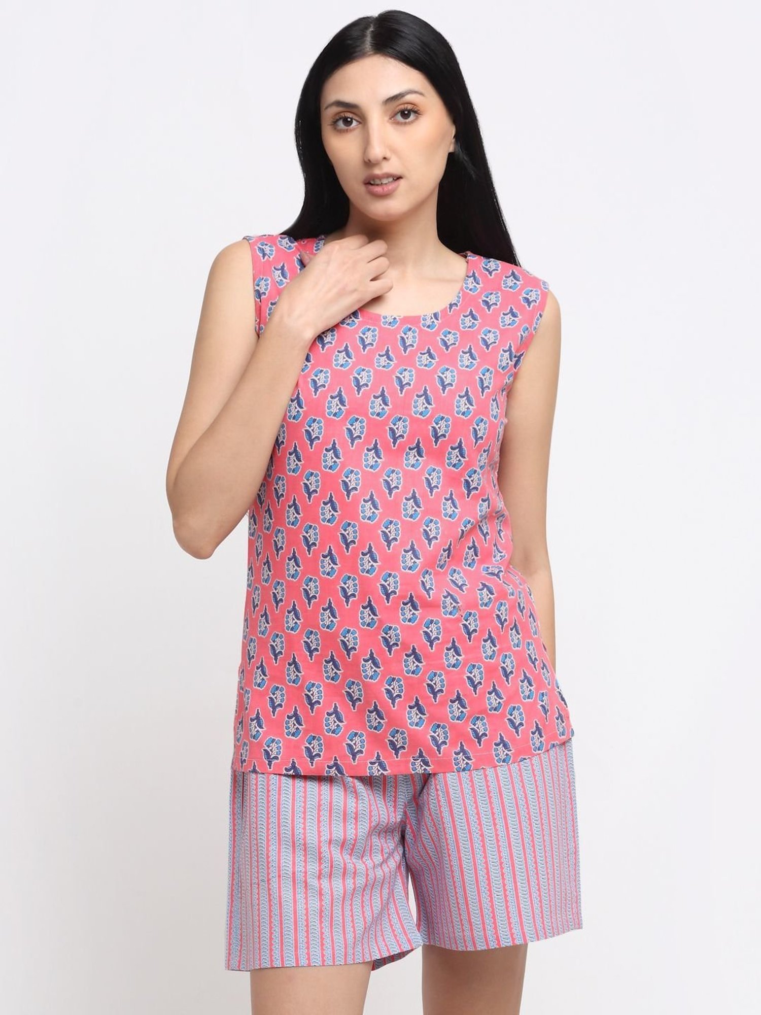 NEUDIS Pink Cotton Floral Print Top Shorts Set