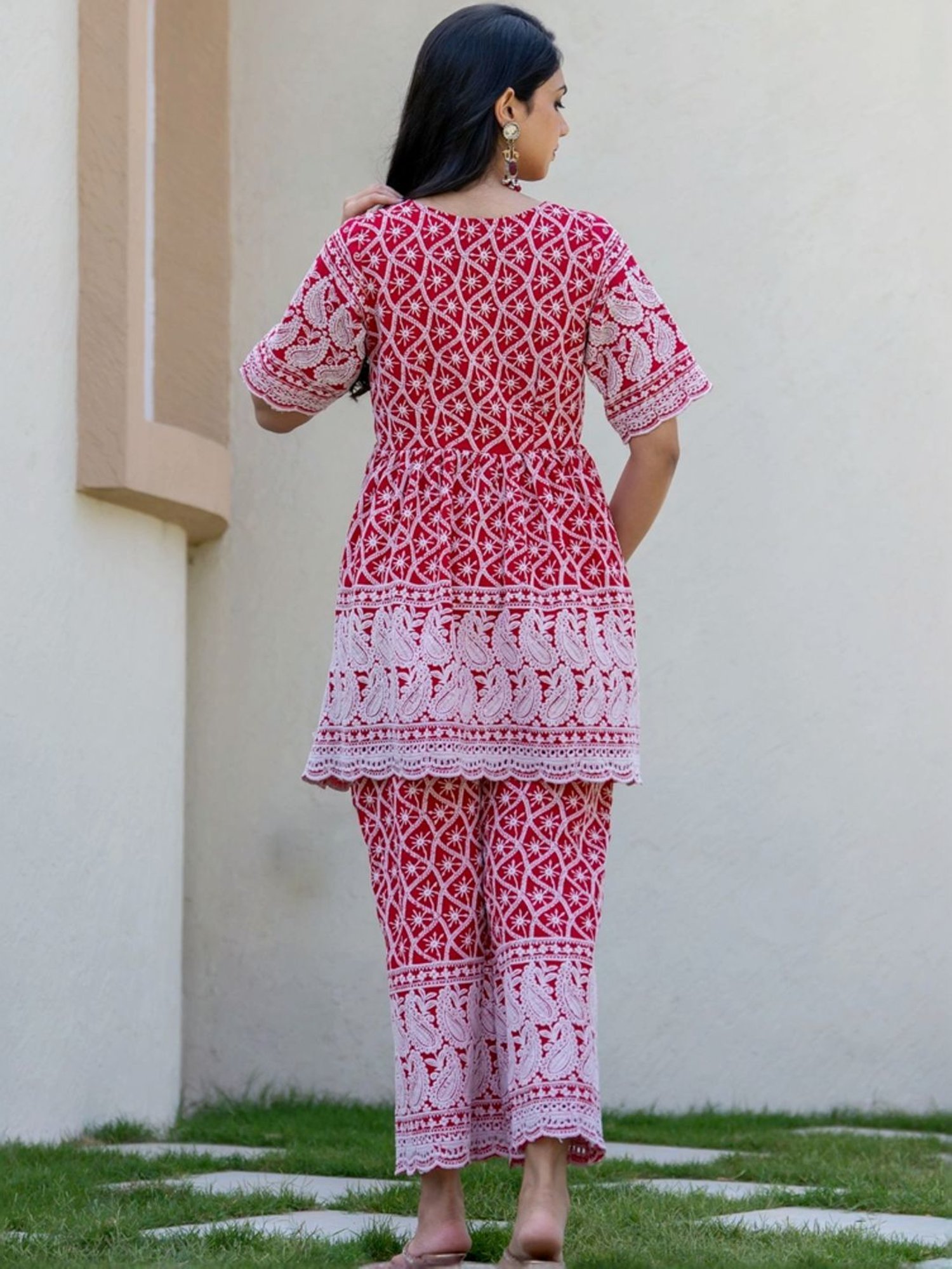 HOUSE OF JAMOTI Red Cotton Embroidered Tunic Pant Set