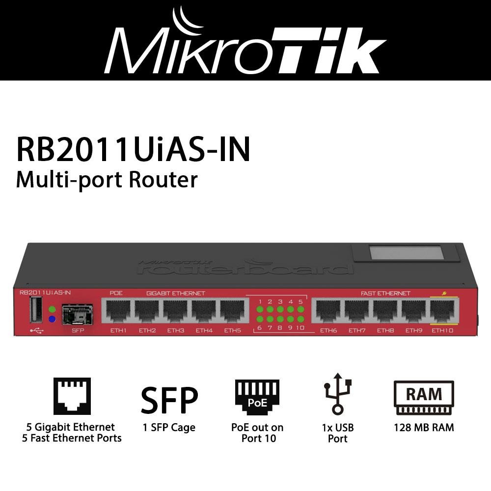 MikroTik - RB2011UIAS-IN - RouterBOARD 2011UiAS-IN with Atheros 74K MIPS CPU, 128MB RAM, 1x SFP port, 5x LAN, 5x Gigabit