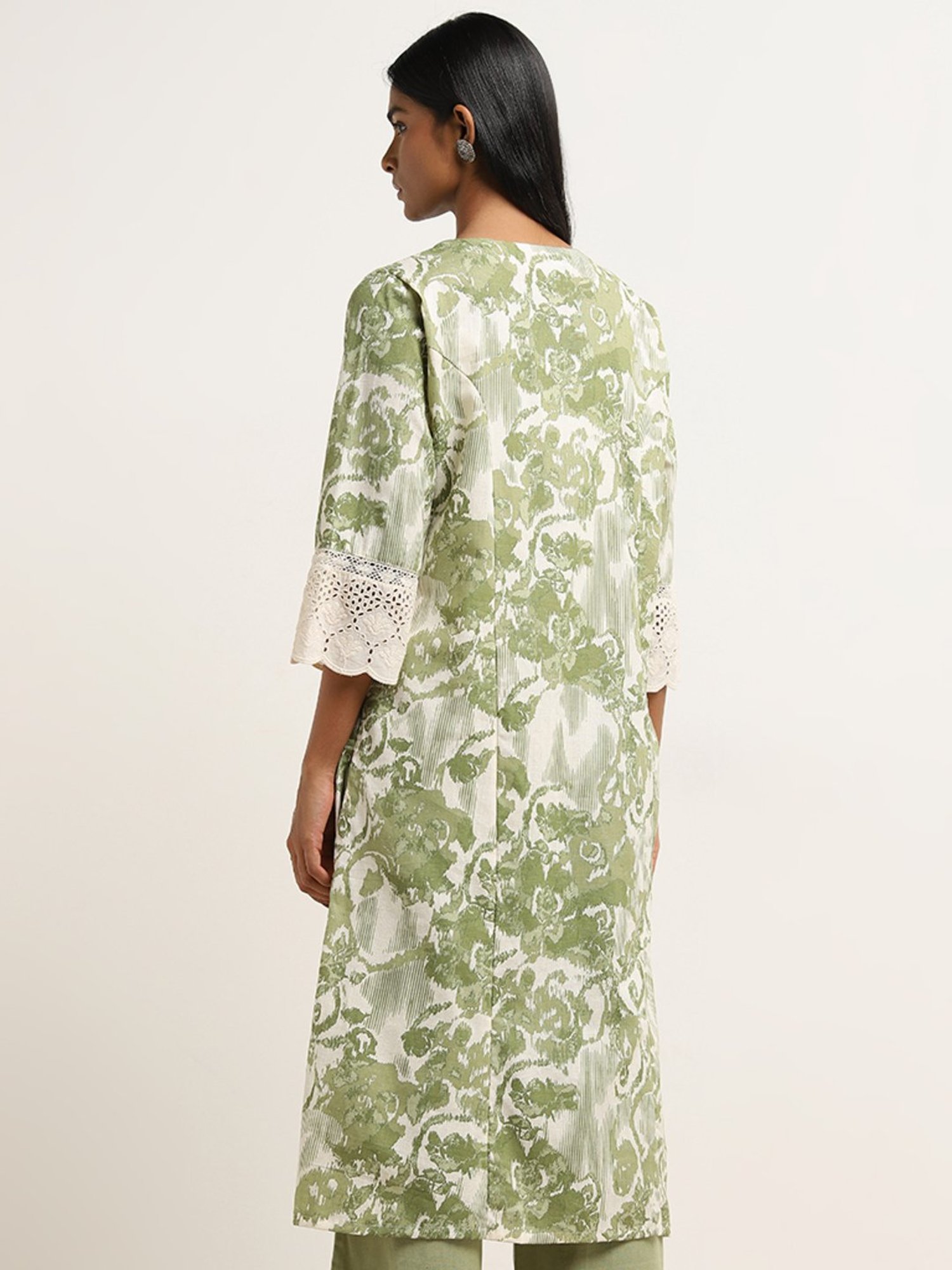 Utsa by Westside Green Ikat Printed A-Line Cotton Kurta