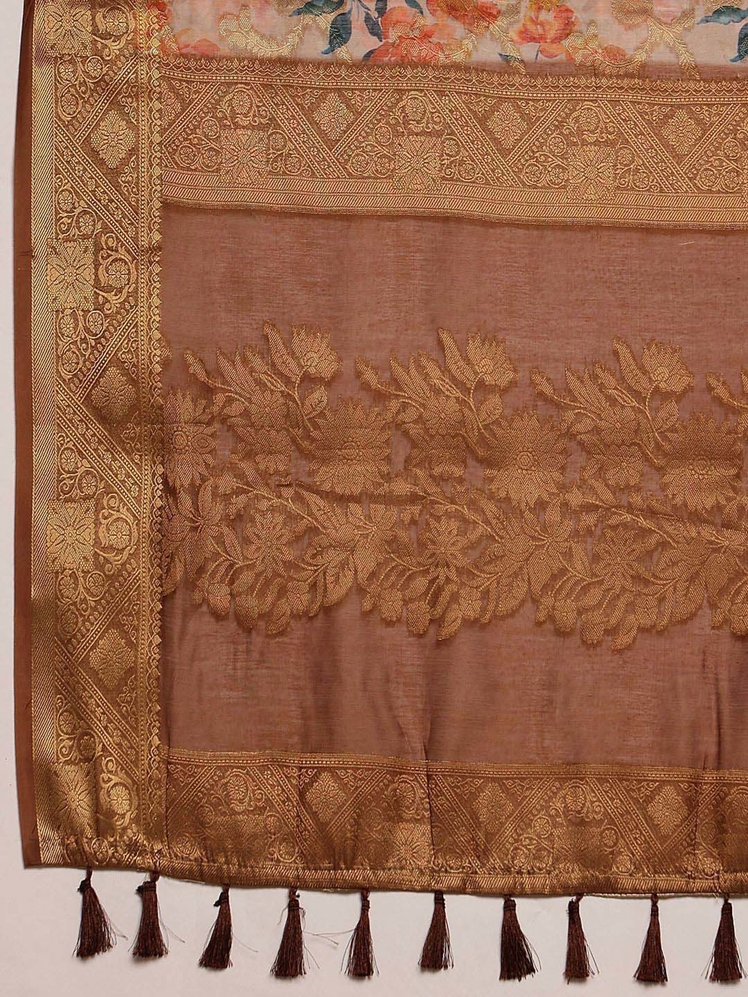 Silk Land Beige Cotton Printed Saree With Unstitched Blouse