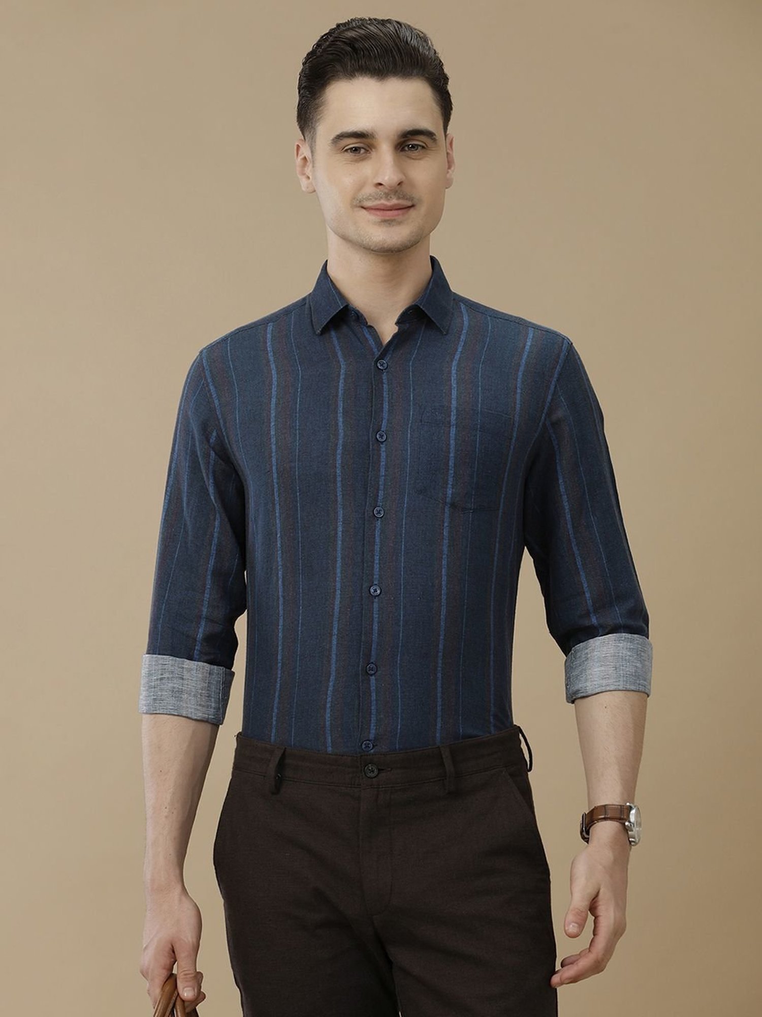 Linen Club Blue Linen Contemporary Fit Striped Shirt