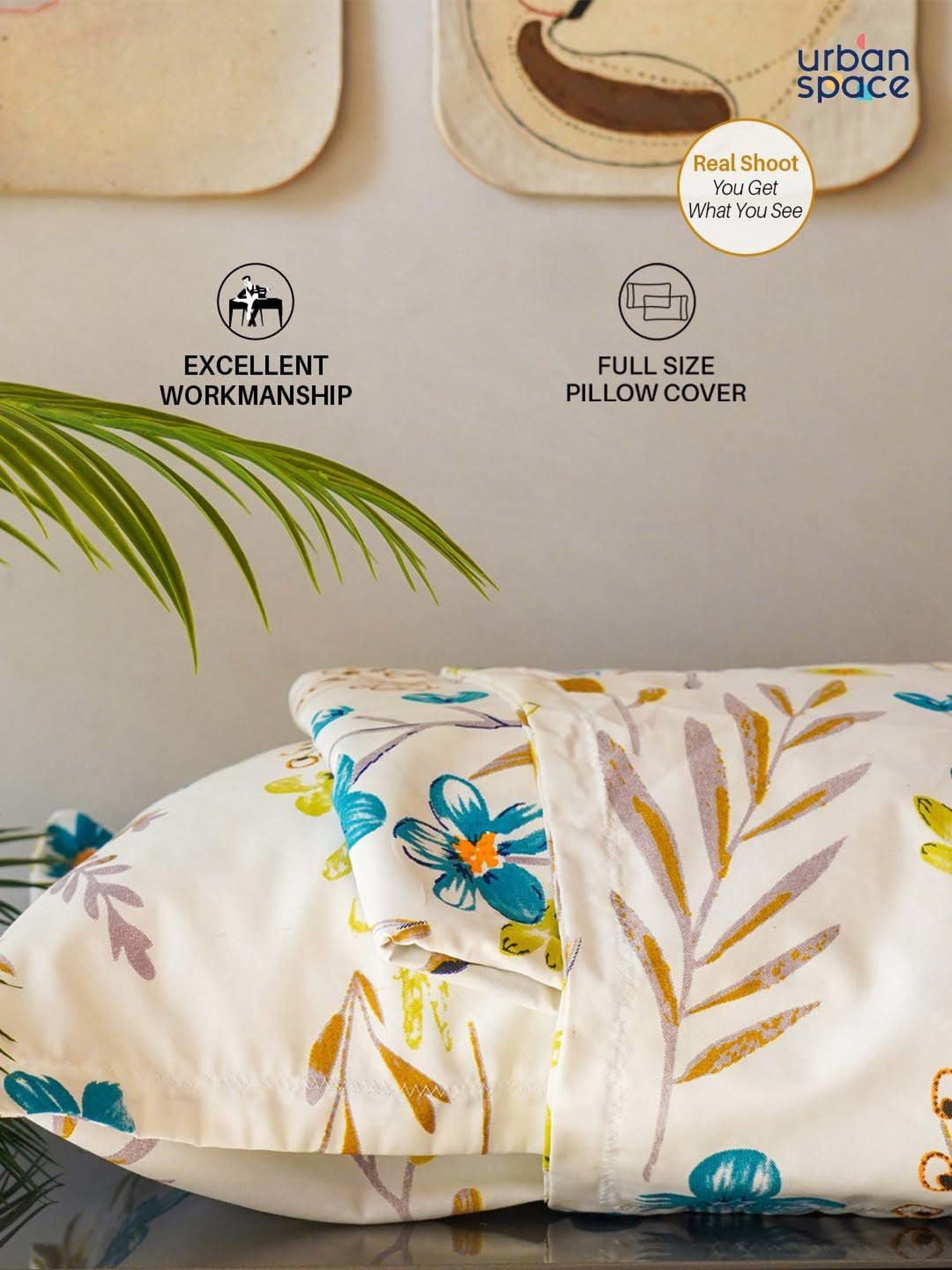 Urban Space Serene Blue Cotton 200 TC King Fitted Bedsheet With Pillow Covers