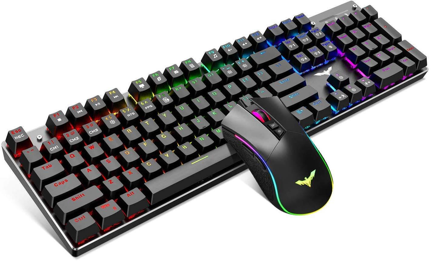 Havit Mechanical Gaming Keyboard and Mouse Combo Blue Switch 104 Keys Rainbow Backlit Keyboards, 4800DPI 7 Button Mouse Wired for PC Gamer Computer Laptop