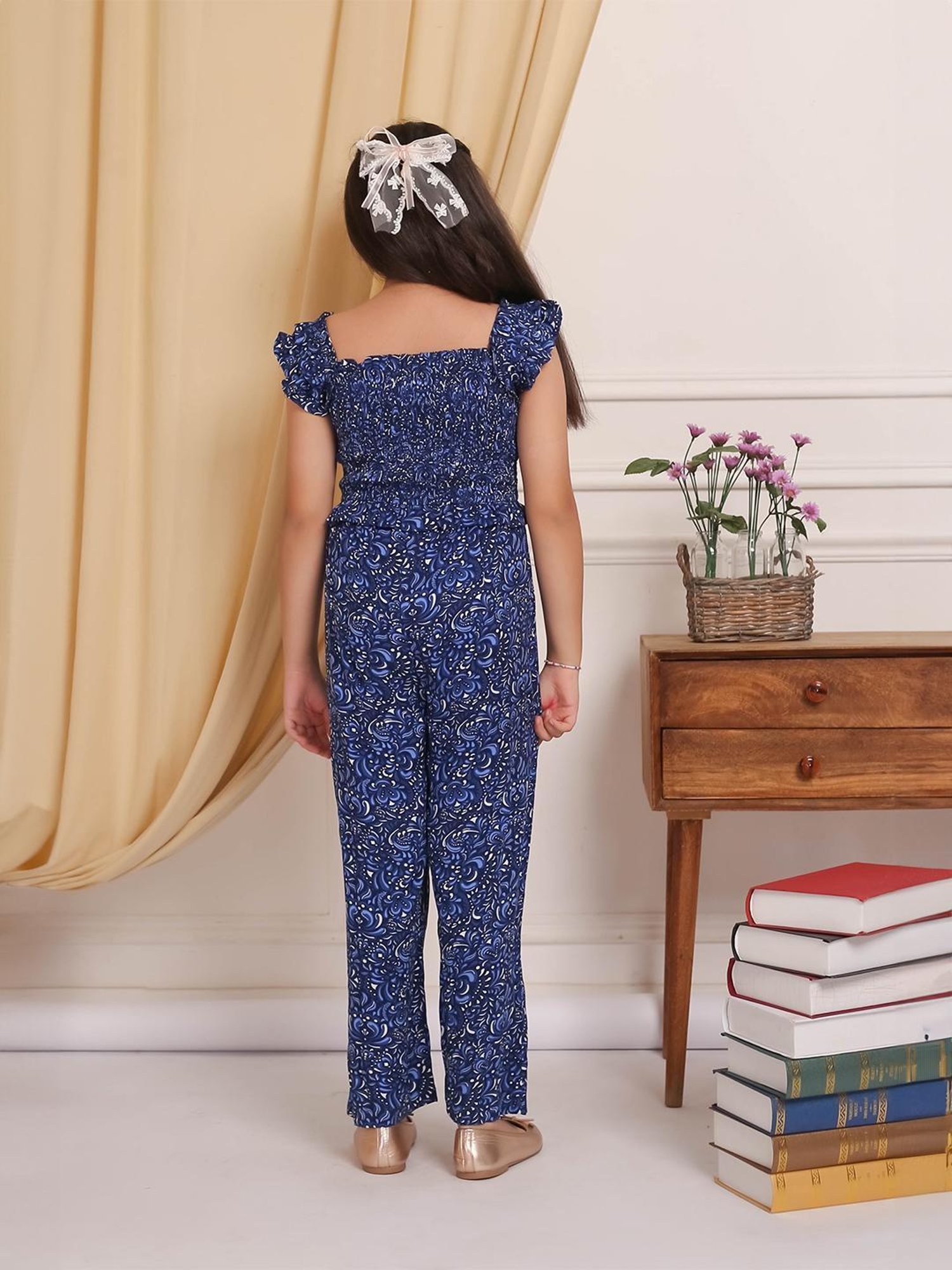 Budding Bees Girls Navy Printed Jumpsuit