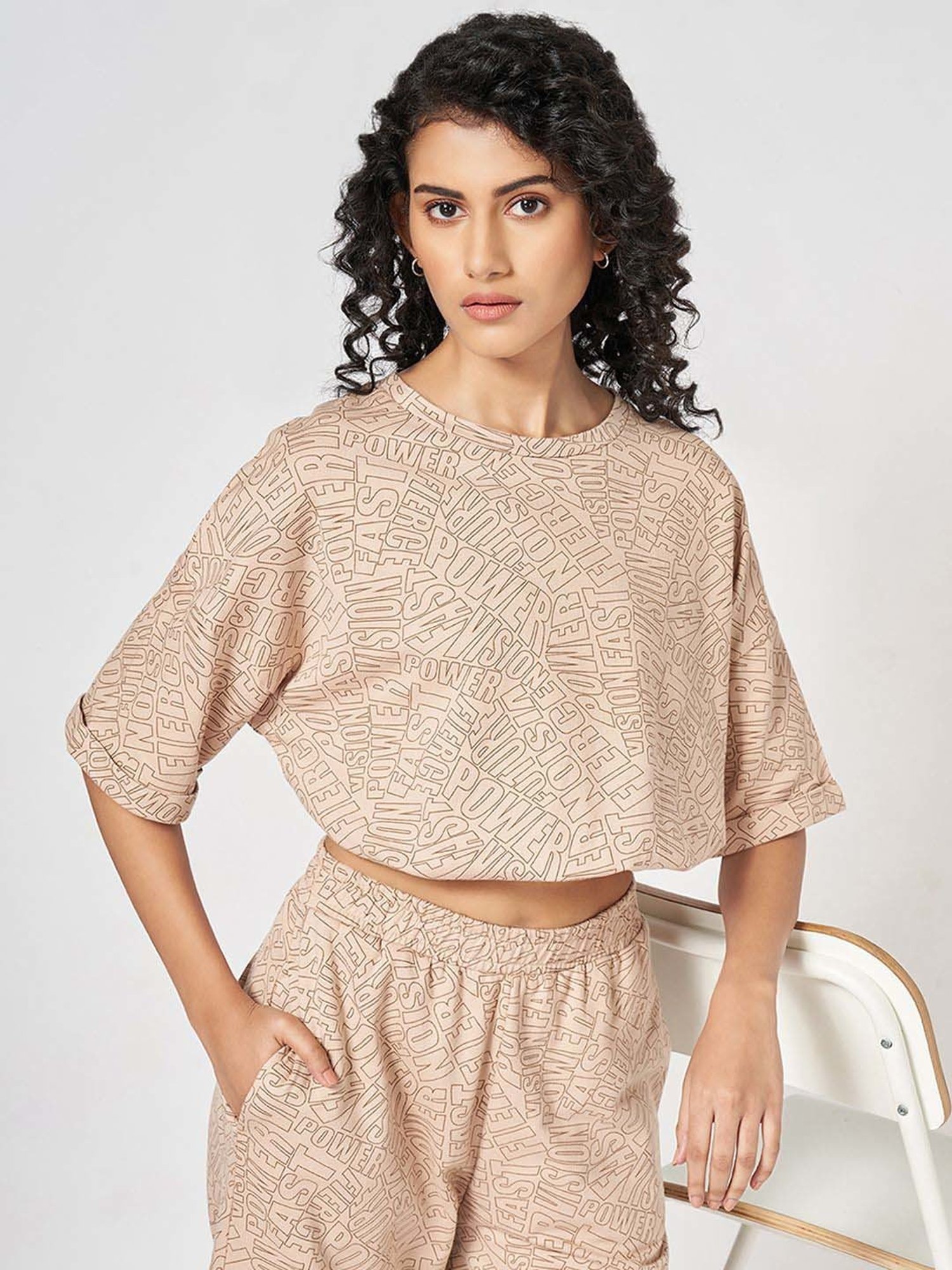 Ajile by Pantaloons Beige Cotton Printed Cropped T-Shirt
