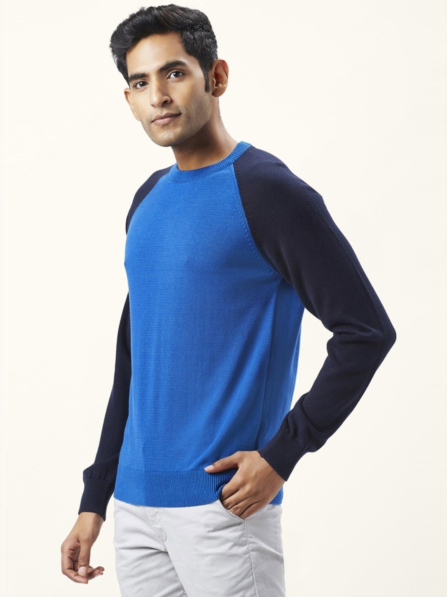 Byford By Pantaloons Blue Regular Fit Colour Block Sweaters