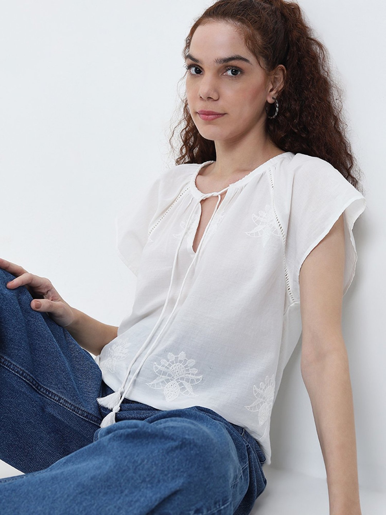 Bombay Paisley by Westside Ivory Floral Embroidered Cotton Top