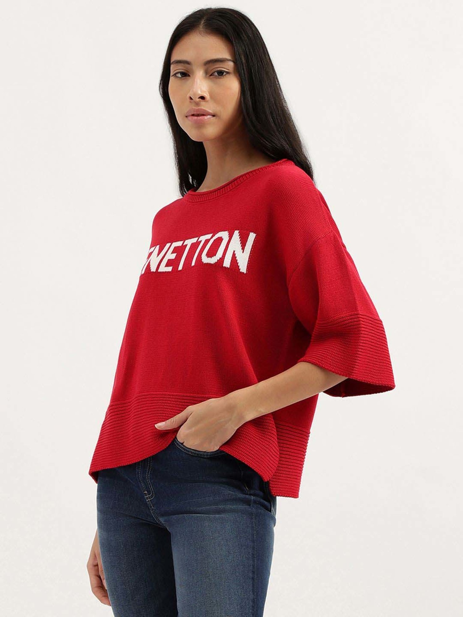 United Colors of Benetton Red Cotton Logo Work Top