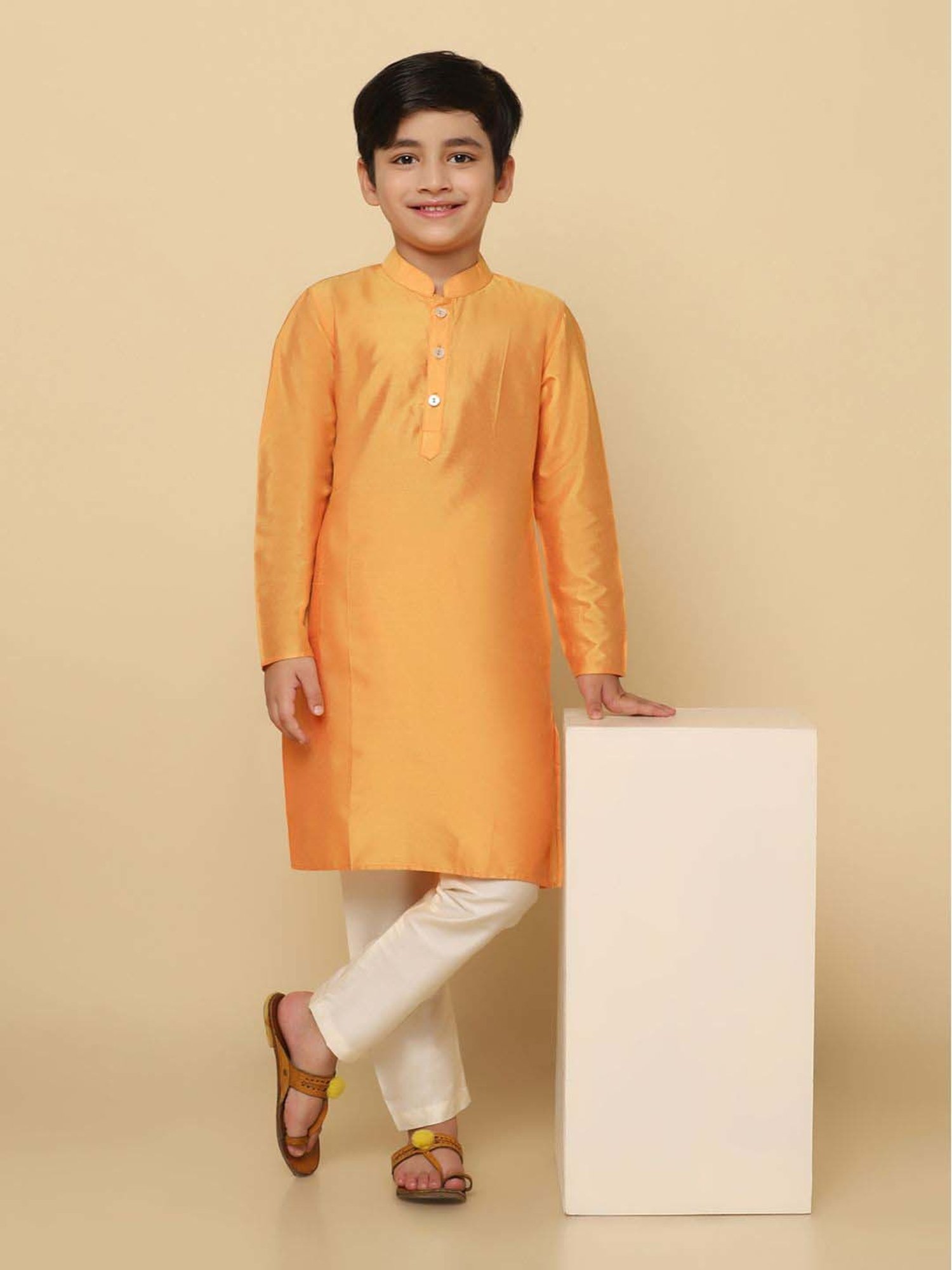 KISAH Kids Orange & White Regular Fit Full Sleeves Kurta Set