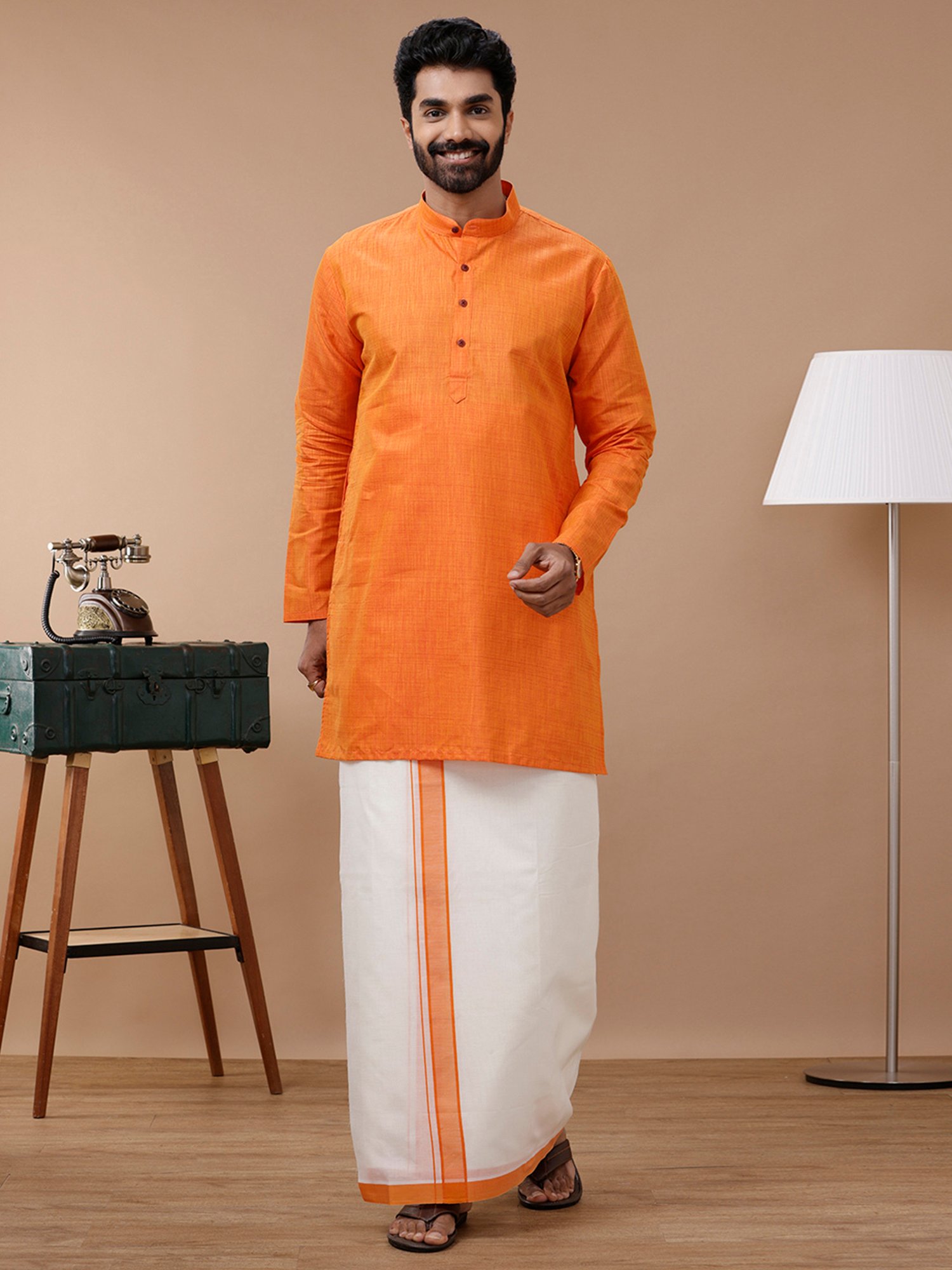 Ramraj Orange Cotton Regular Fit Kurta Set with Bottom