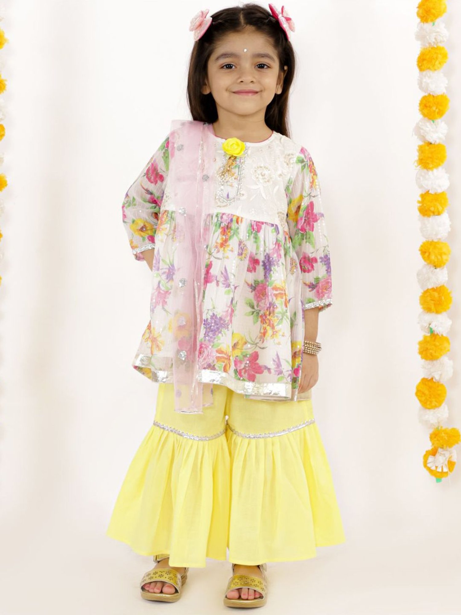 Little Bansi Kids White & Yellow Embroidered Suit Set