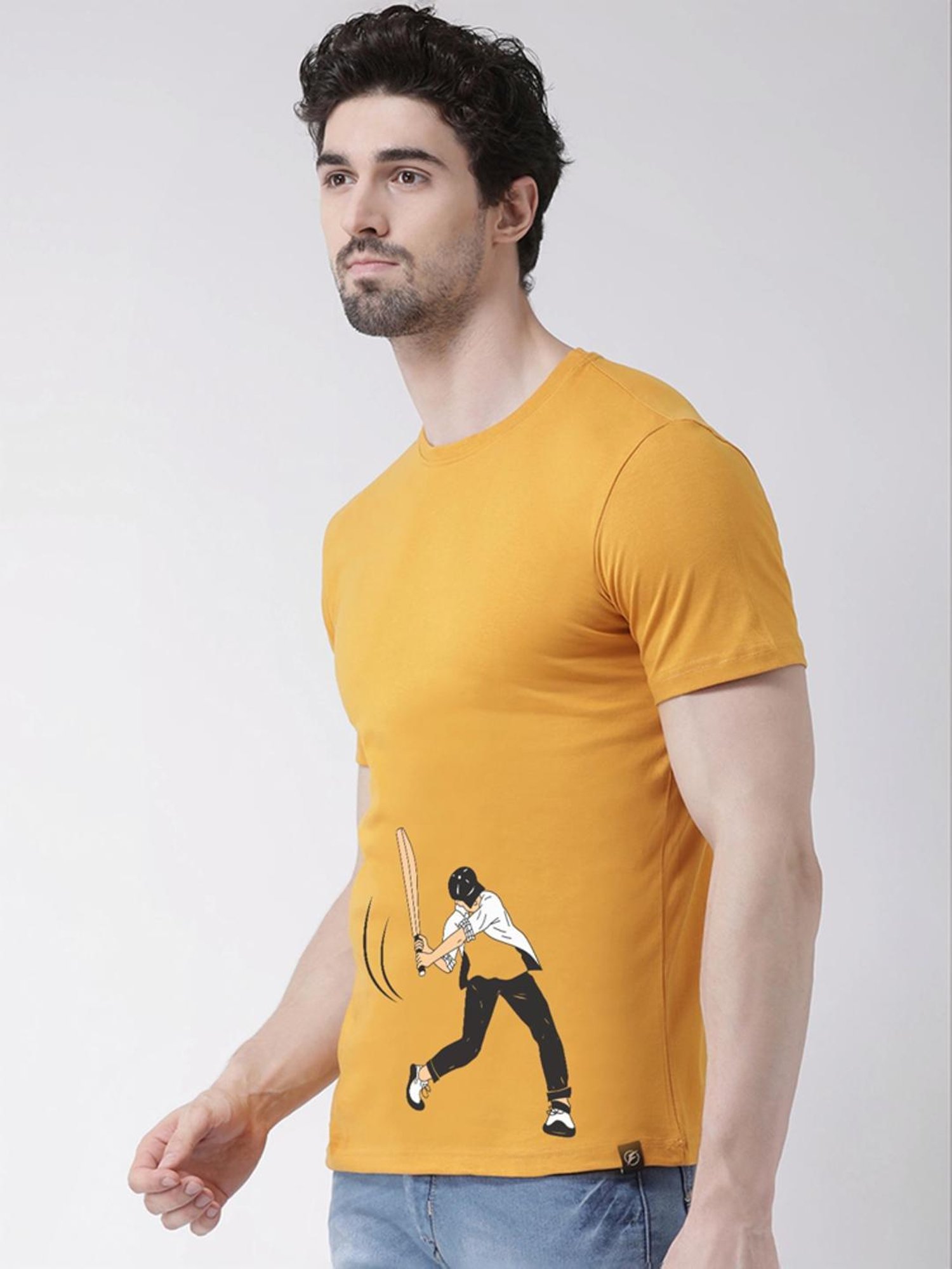 Friskers Mustard Cotton Slim Fit Printed T-Shirt