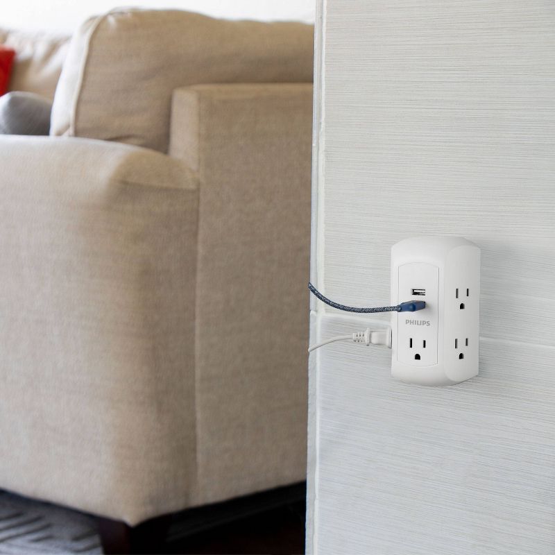 Philips 5-Outlet Grounded Tap 2 USB Ports 2.4A Adapter Spaced Outlets 560J - White Turtle