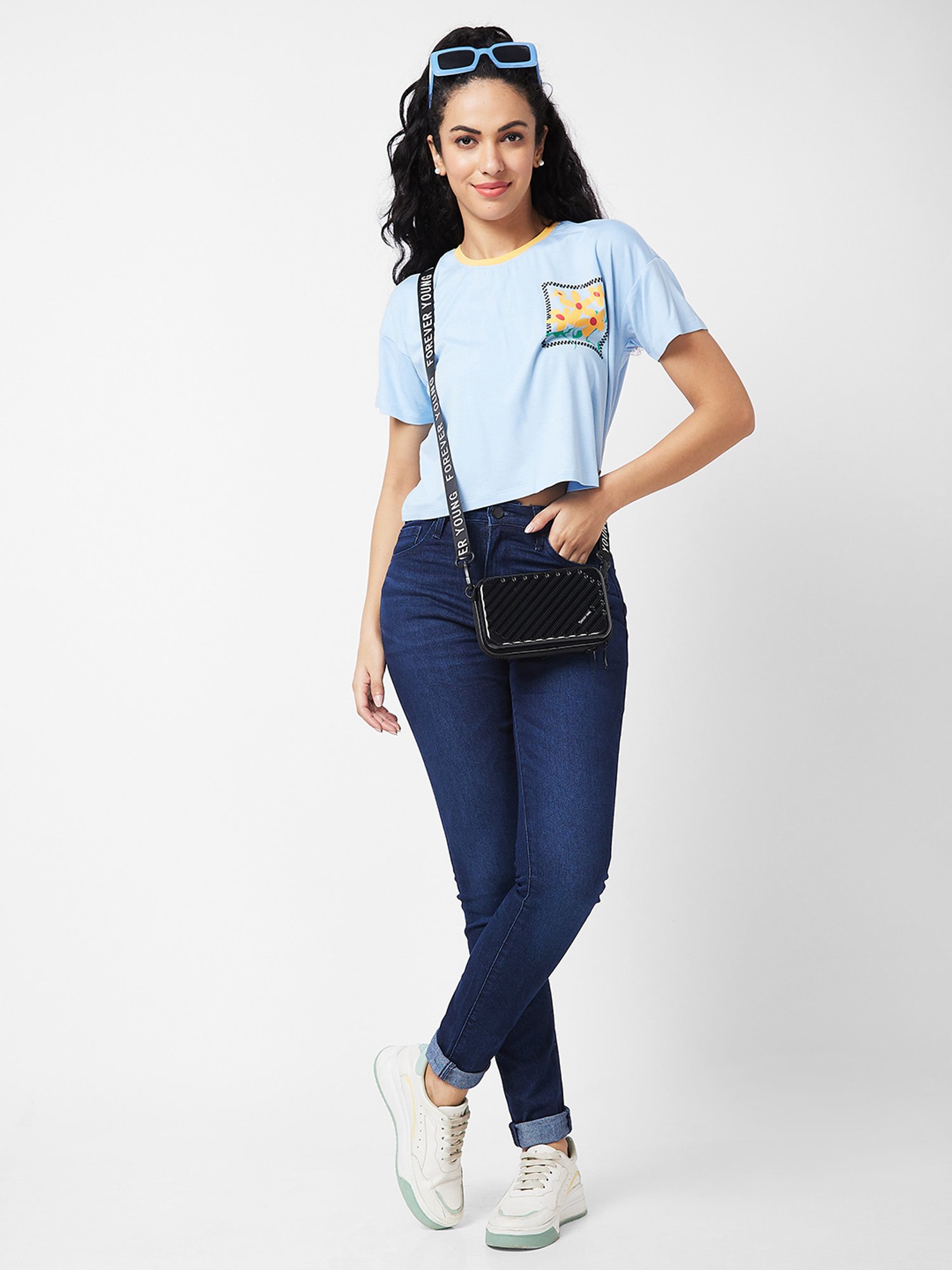 Spykar Sky Blue Floral Print Crop T-Shirt
