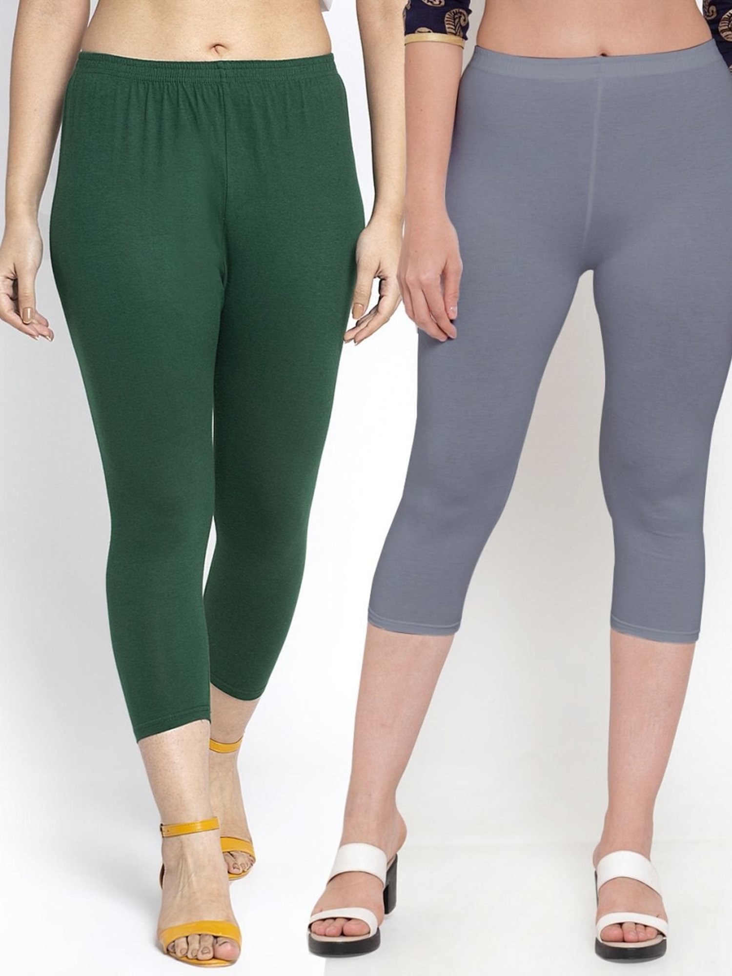 Gracit Grey & Green Mid Rise Capris - Pack Of 2