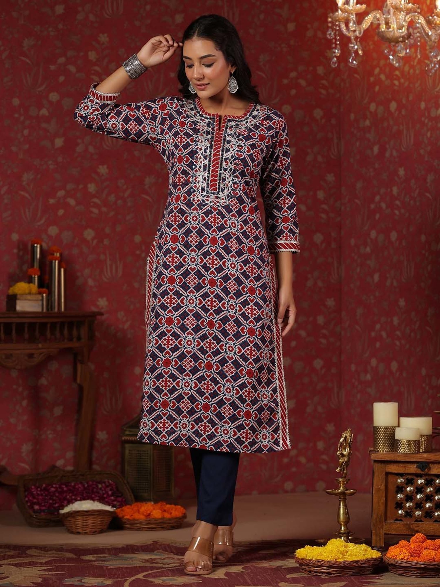 Ishin Dark Blue Cotton Printed Straight Kurta