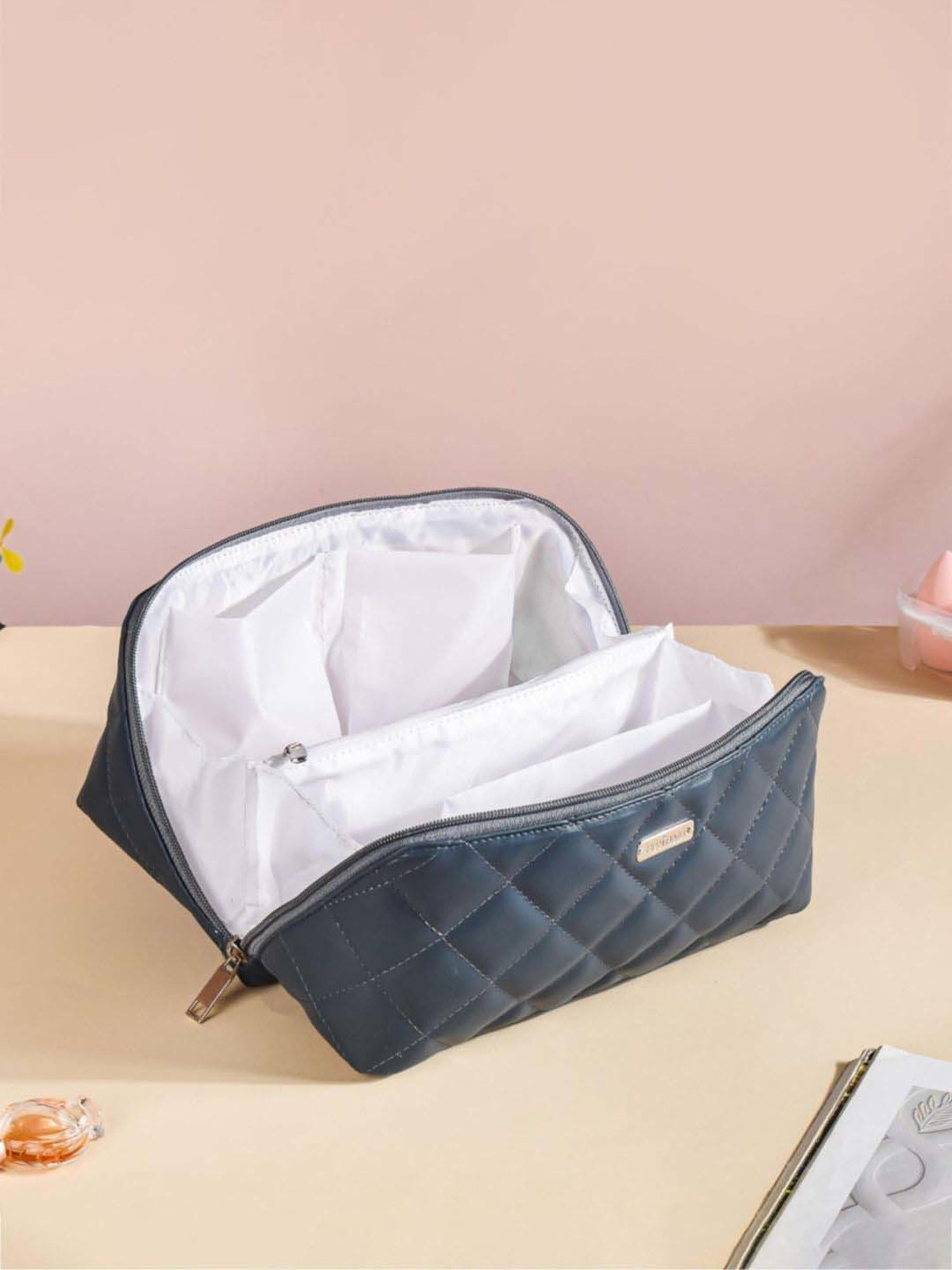 Nestasia Quilted Vegan Leather Blue Color Diagonal Zipper Cosmetic Bag with Multiple Pockets