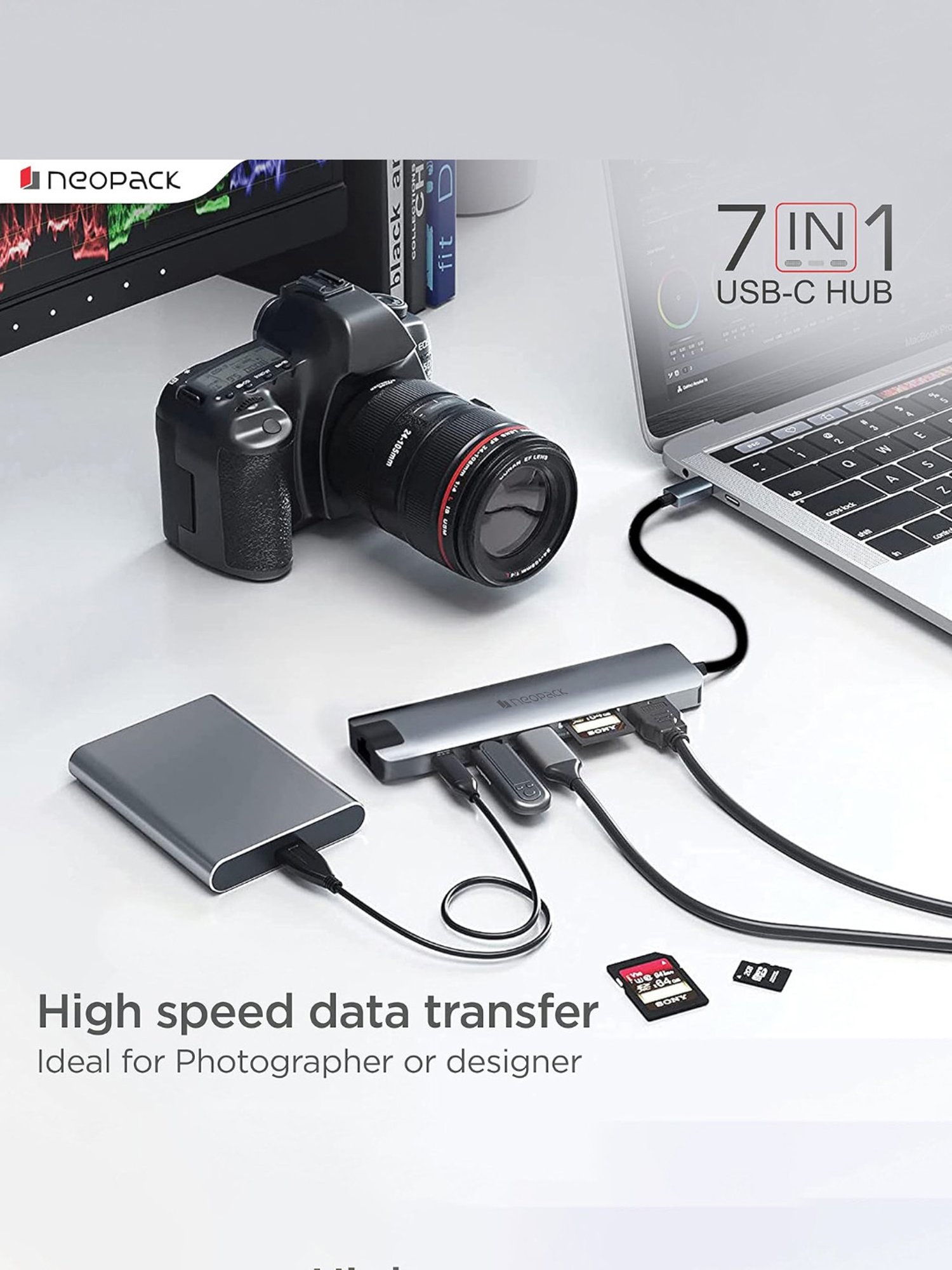 Neopack 7 in 1 USB C Hub Multiport Adapter with SD-TF Card Slots, USB 3.0 5Gbps Data Ports (Silver)