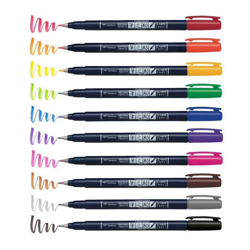 Tombow 10ct Fudenosuke Hard Tip Brush Pens Classic Colors