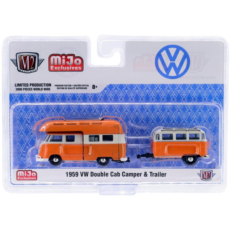 1959 Volkswagen Double Cab Camper & Travel Trailer Orange & Cream Ltd Ed 3000 pcs 1/64 Diecast Model Car by M2 Machines