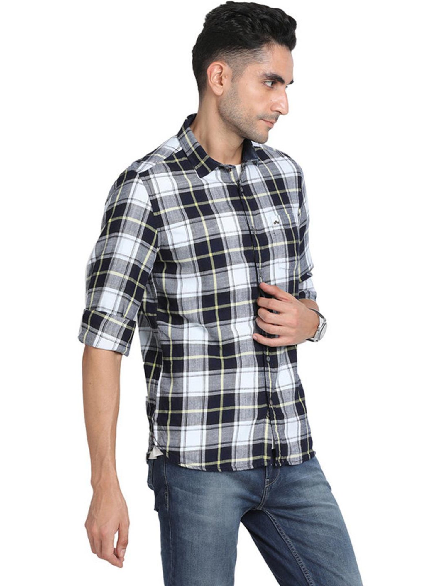 Turtle Black & White Slim Fit Checks Shirts