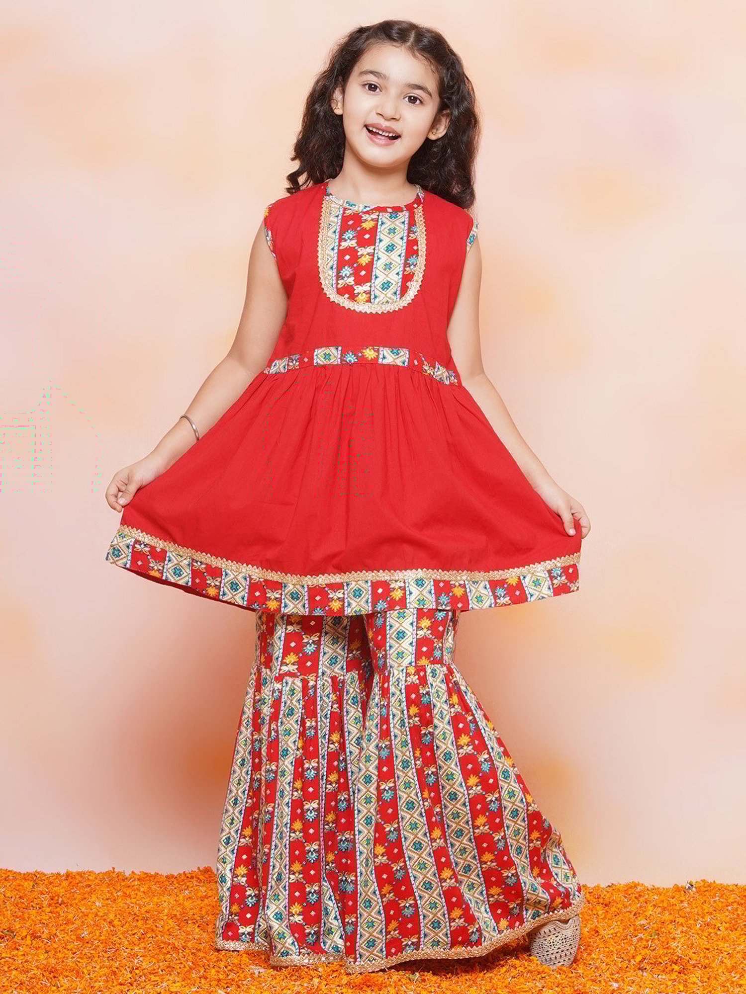 AJ Dezines Kids Red Floral Print Kurta with Sharara