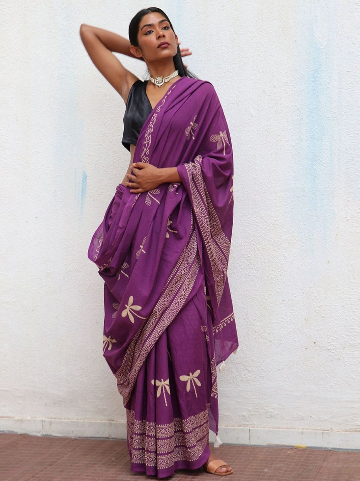 Chidiyaa Purple Fly Me to Moon Renaissance Handblockprinted Cotton Saree