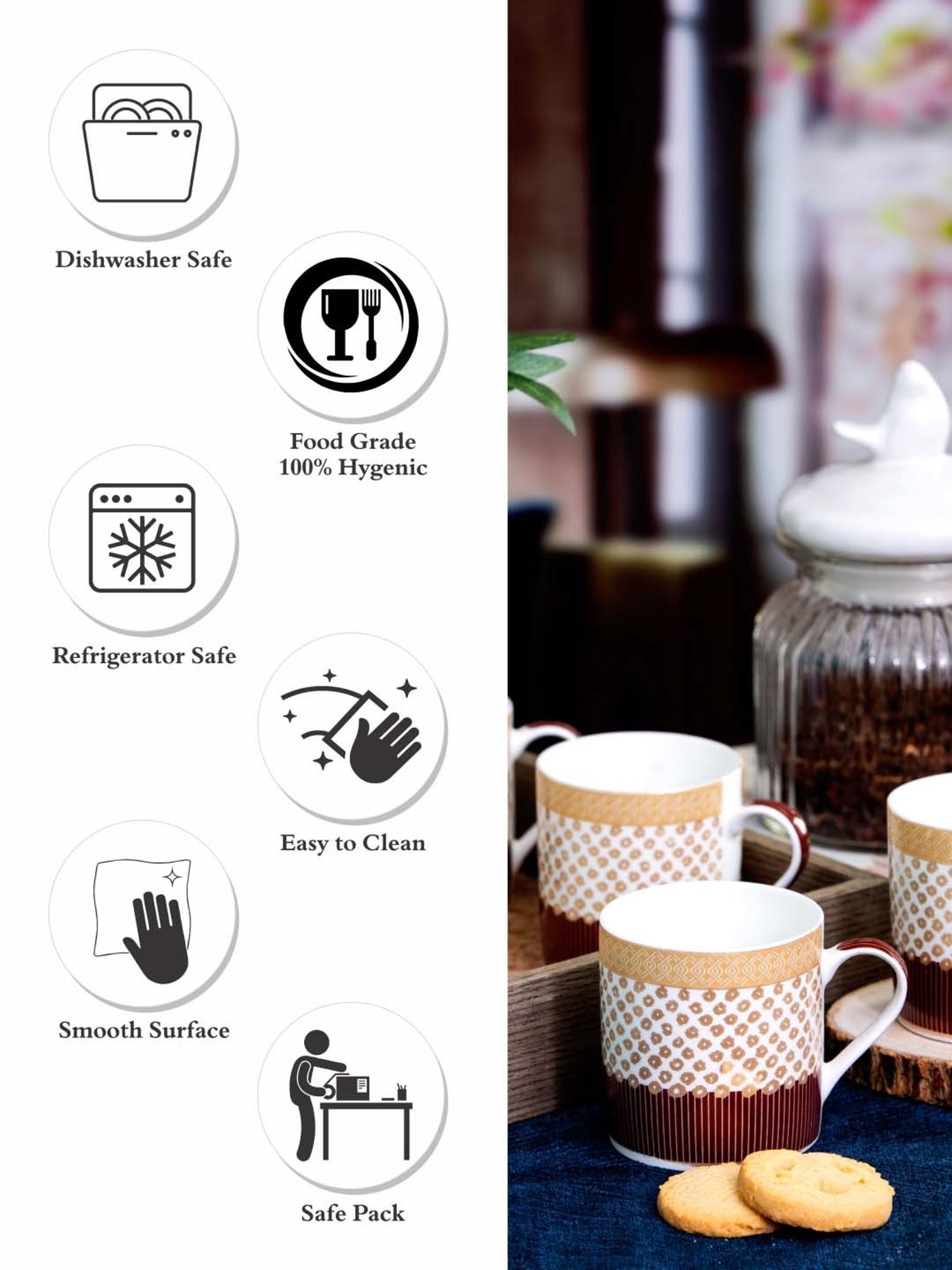 SONAKI White & Brown Bone China Tea Coffee Mugs - Set of 6