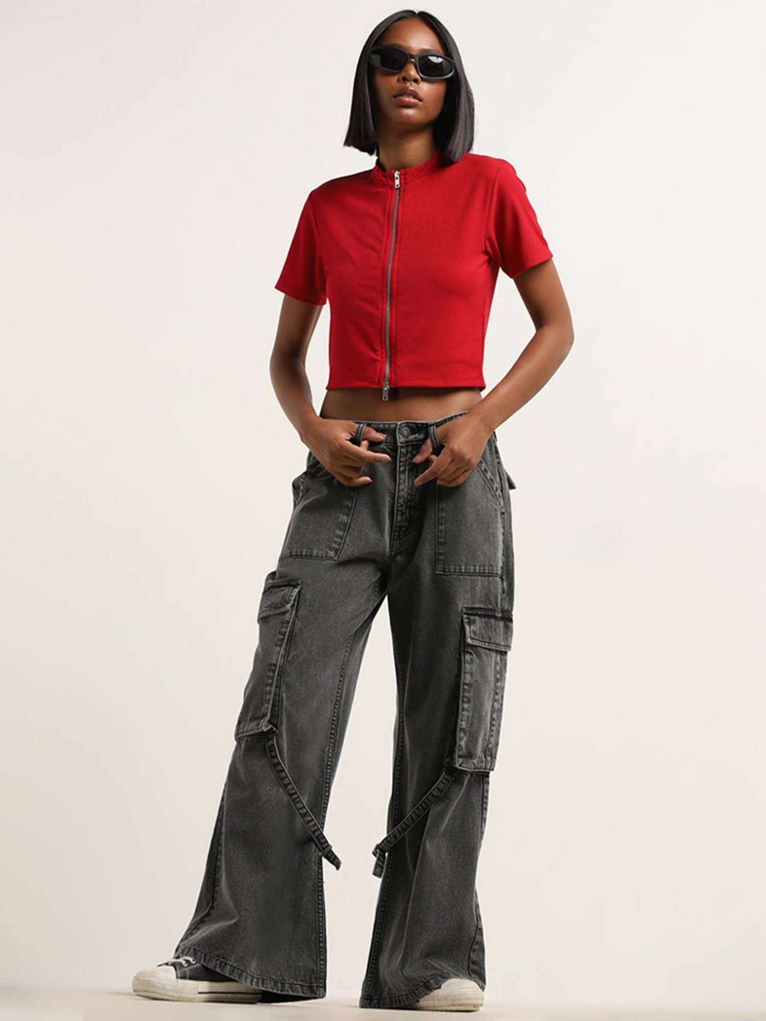 Nuon by Westside Red Ribbed Textured T-Shirt