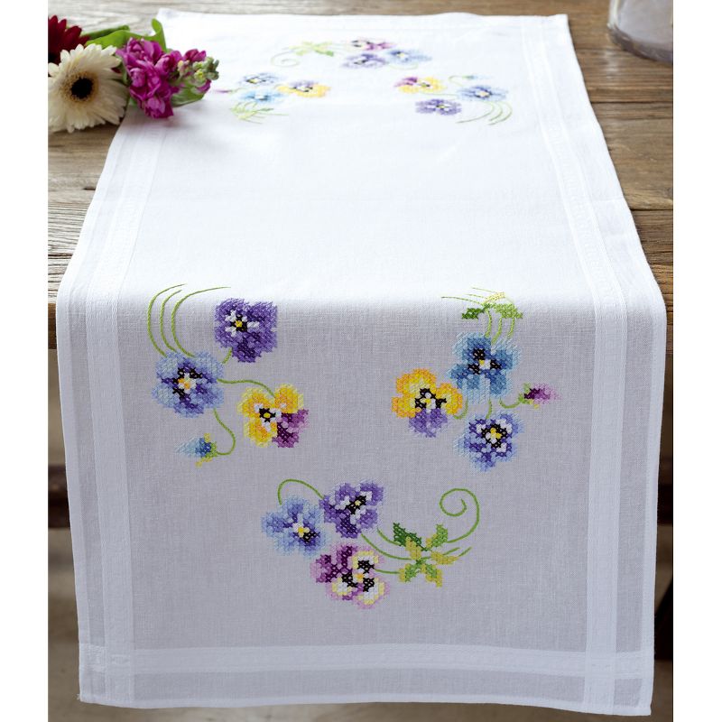 Vervaco Stamped Table Runner Embroidery Kit 16"X40"-Pretty Pansies