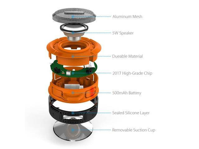 Shower Speaker, Wireless Waterproof Speaker with 5W Driver, Suction Cup, Built-in Mic, Hands-Free Speakerphone---Orange