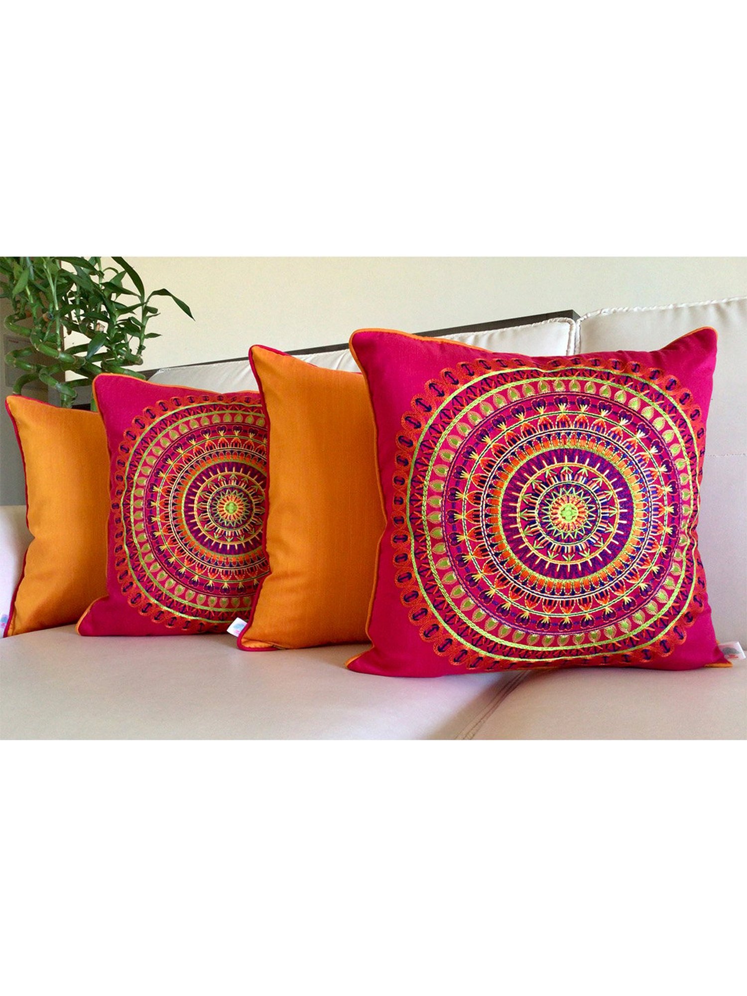 TARA Sparkling Homes Pottery of Poland Orange Cotton Silk Embroidery Cushion Cover