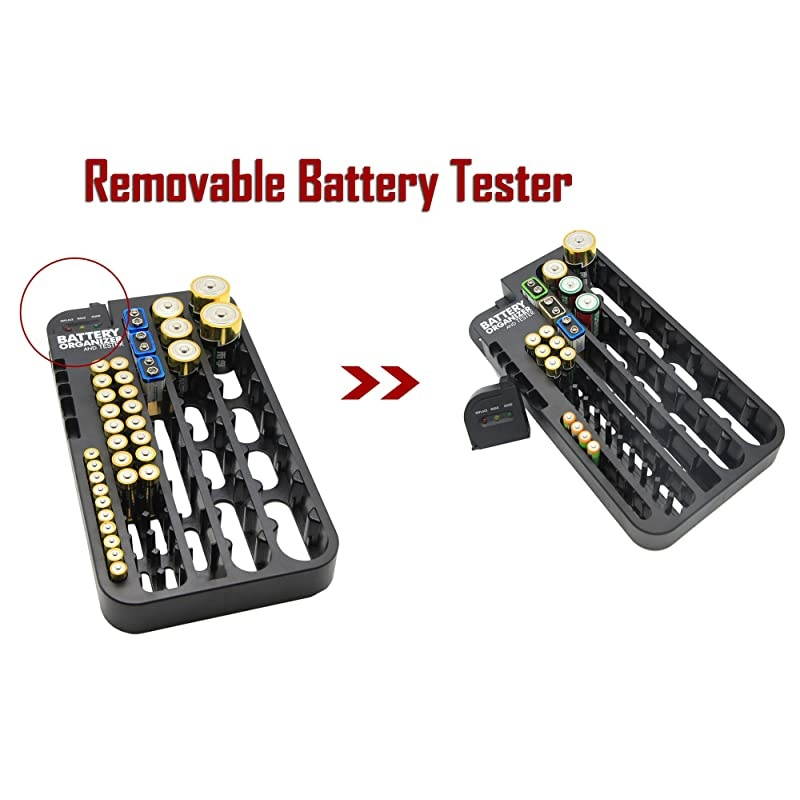 Battery Organizer Storage Case with Hinged Clear Cover, Includes a Removable Battery Tester, Holds 93 Batteries Various Sizes AA AAA C D 9V Battery Storage Case/Holder/Container