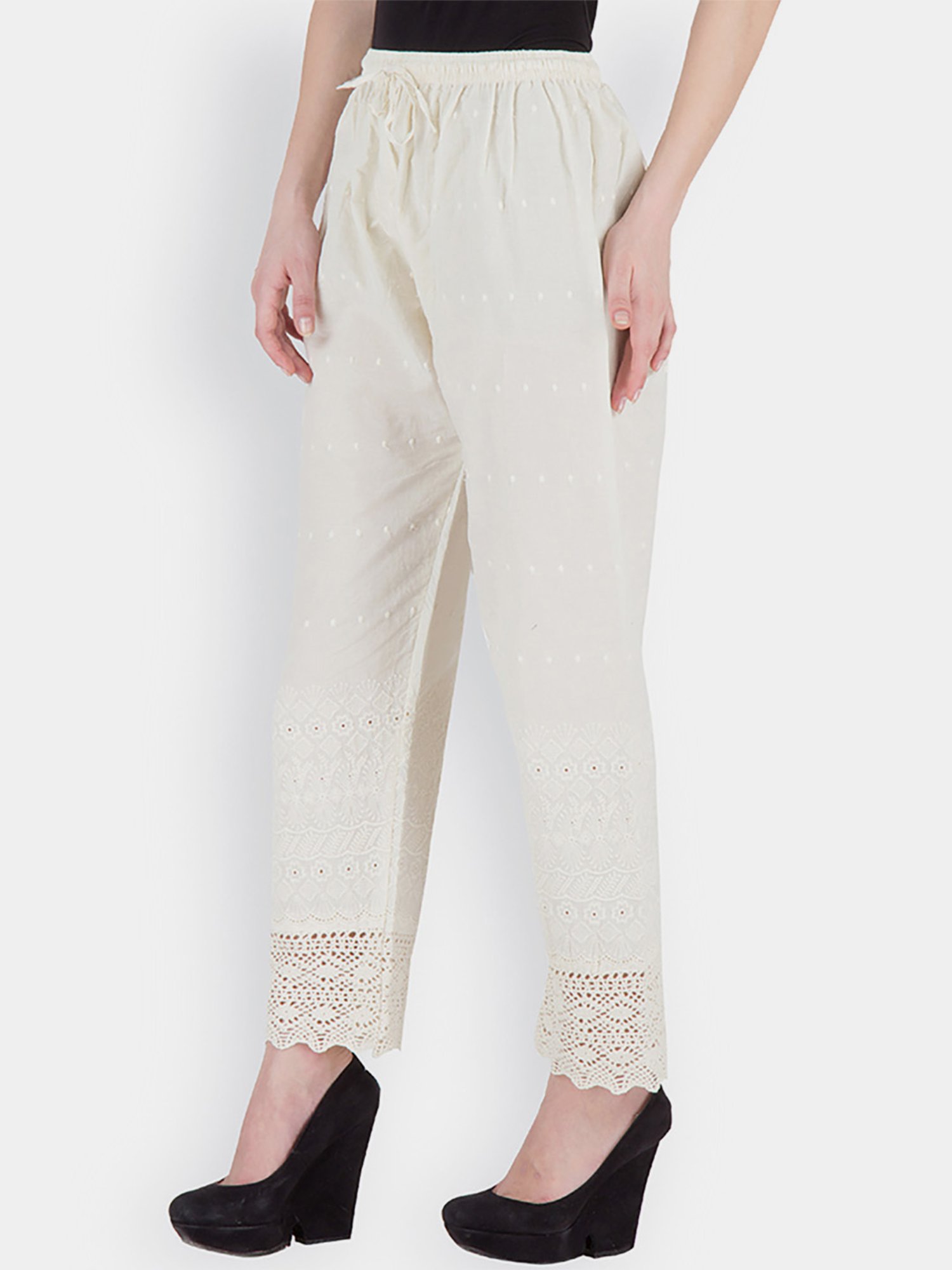 Castle Off-White Cotton Embroidered Palazzos