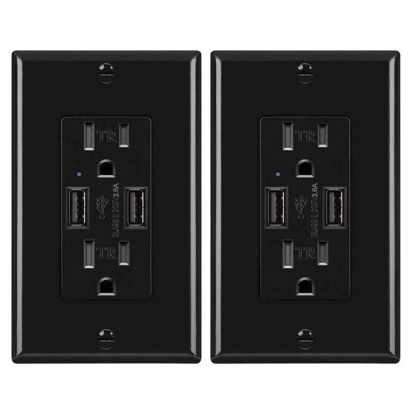 [2 Pack] BESTTEN 3.6A USB Wall Receptacle Outlet, Smart USB Wall Charger with Dual USB Charging Ports, 15A/125V/1875W, Wall Plate Included, UL Listed, Black