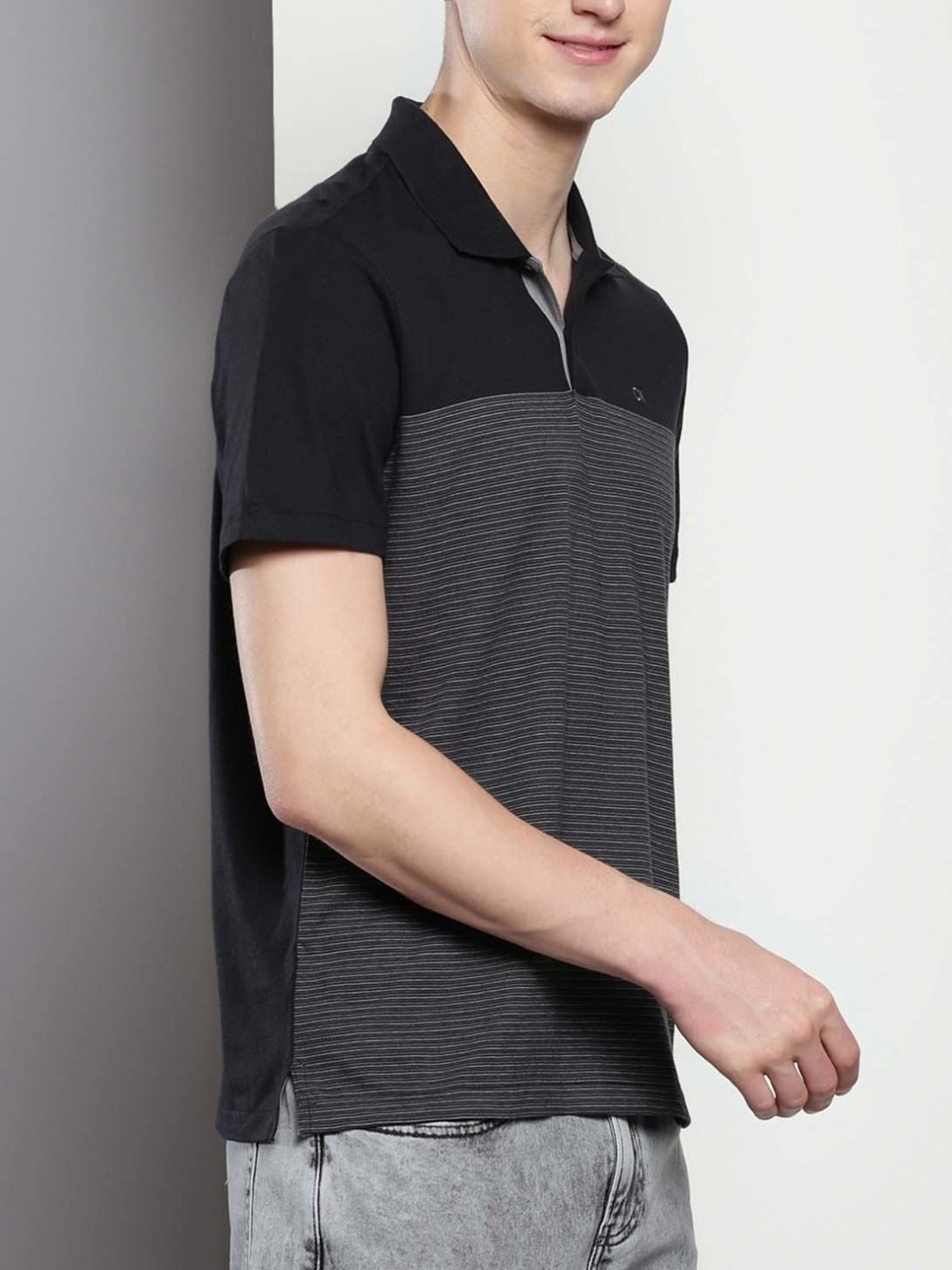 Calvin Klein Black Beauty Cotton Regular Fit Striped Polo T-Shirt
